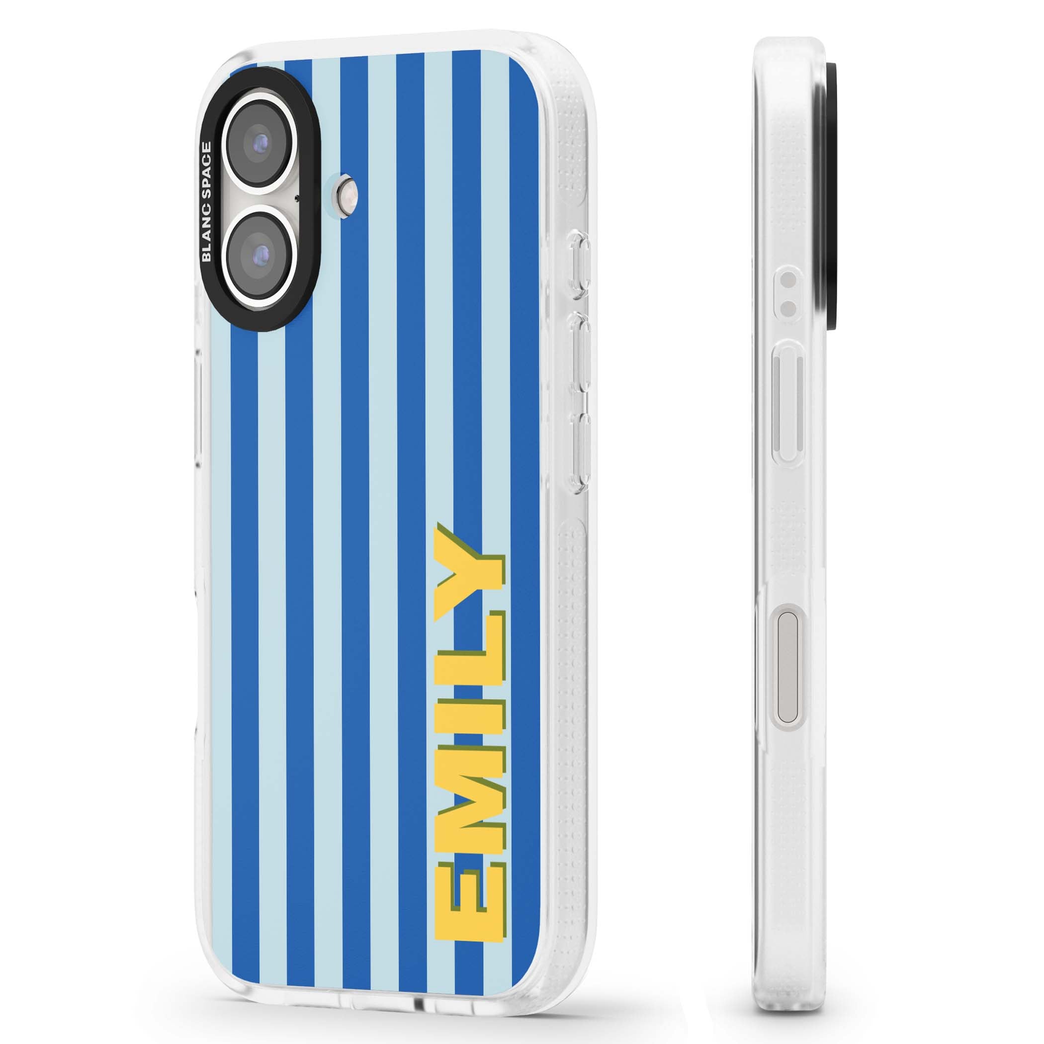 Athenian Stripe personalised preppy iPhone case featuring blue vertical stripes and a custom yellow name | Clear Case Impact Air case for iPhone 16, iPhone 16 Plus
