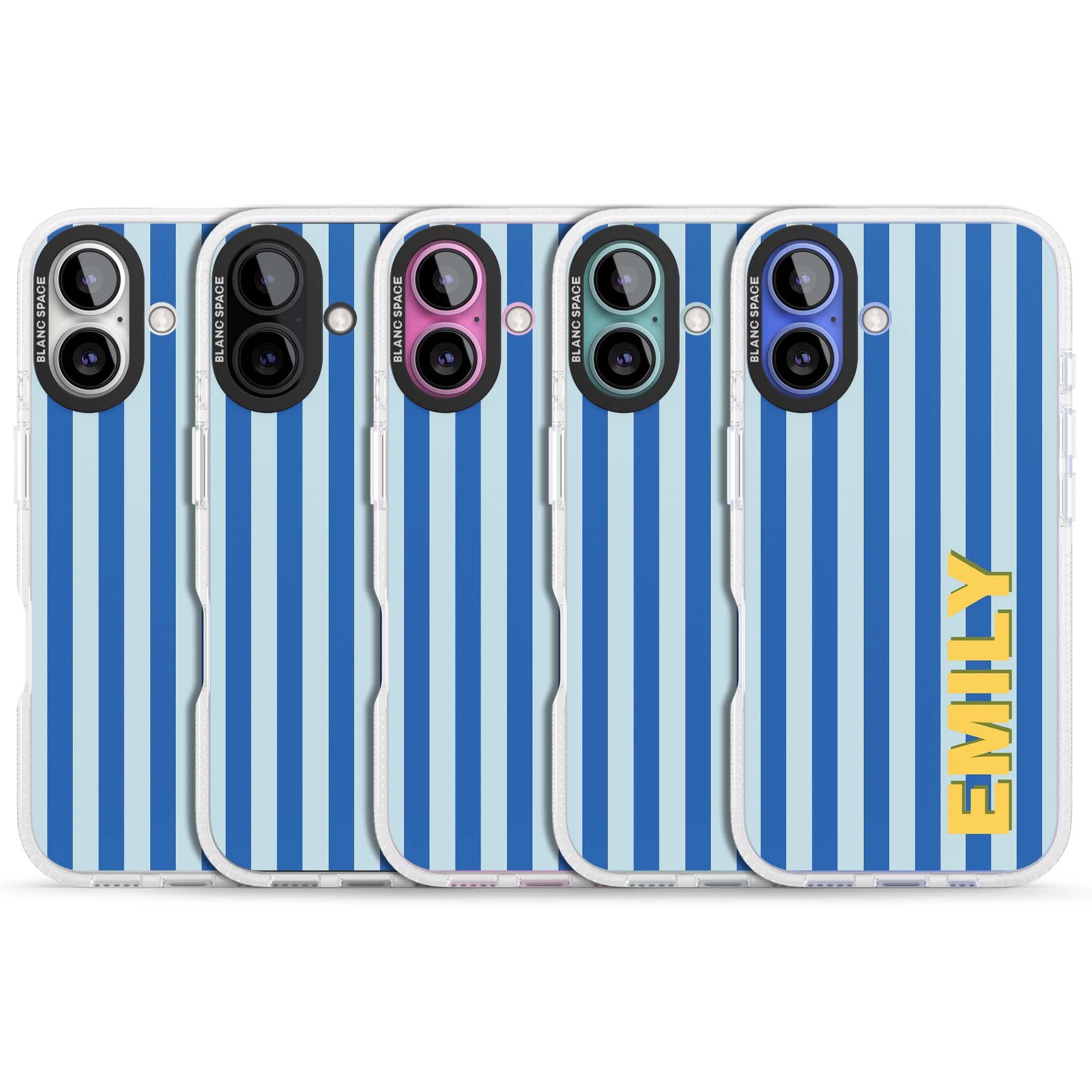 Athenian Stripe personalised preppy iPhone case featuring blue vertical stripes and a custom yellow name | Clear Case Impact Air case for iPhone 16, iPhone 16 Plus