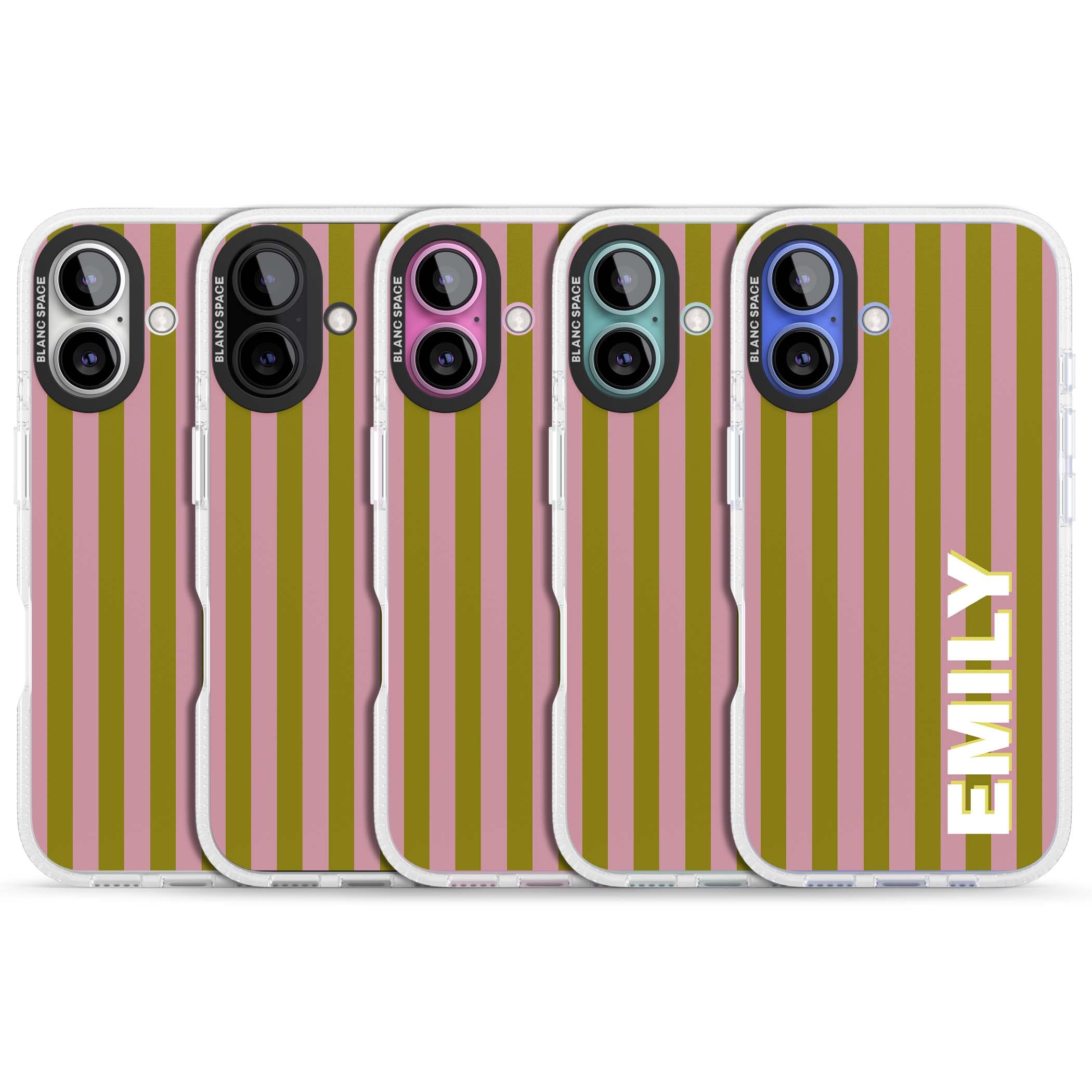 Istanbul Stripe personalised iPhone case featuring pink and olive green vertical stripes with a custom vertical name | Clear Case Impact Air case for iPhone 16, iPhone 16 Plus