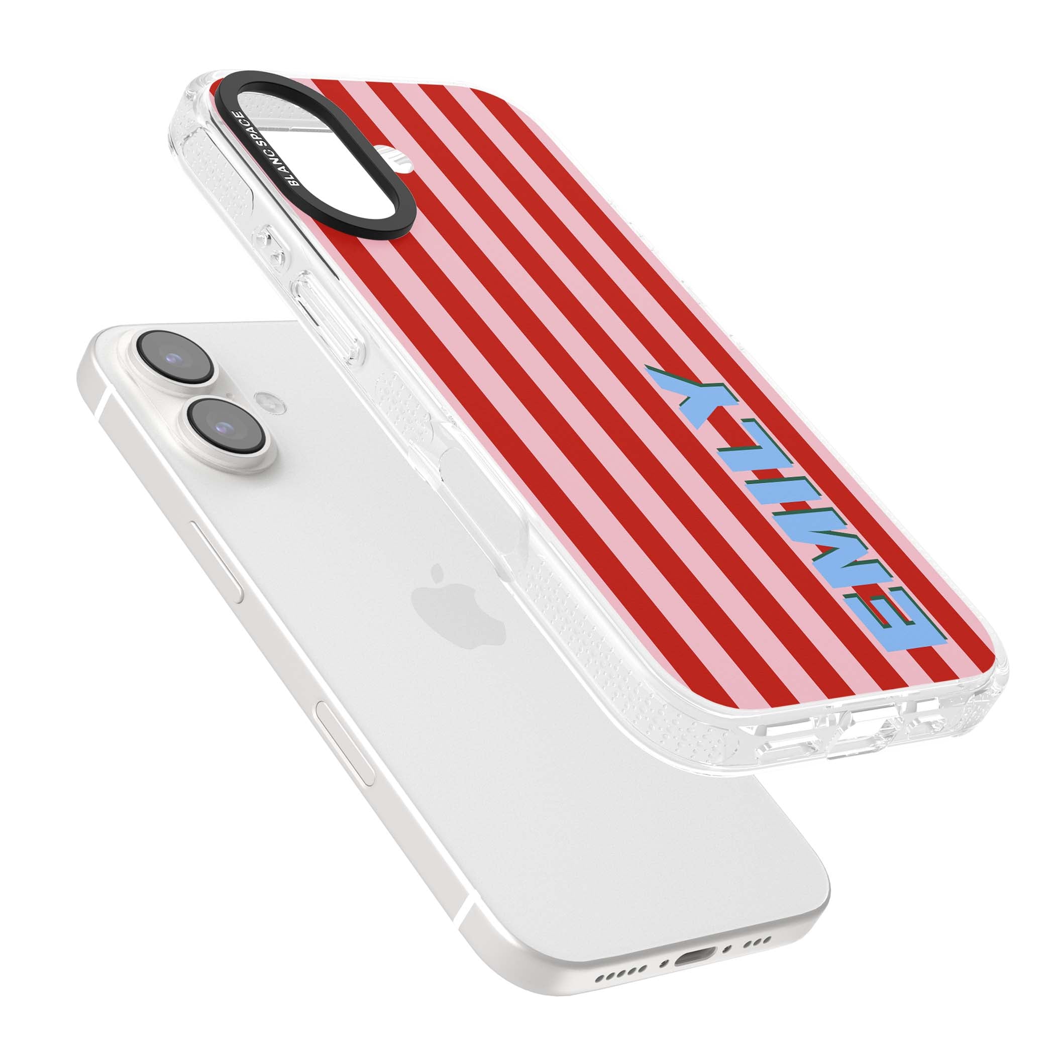 Market Stripe personalised iPhone case with red and pink vertical stripes and custom blue name | Clear Case Impact Air case for iPhone 16, iPhone 16 Plus