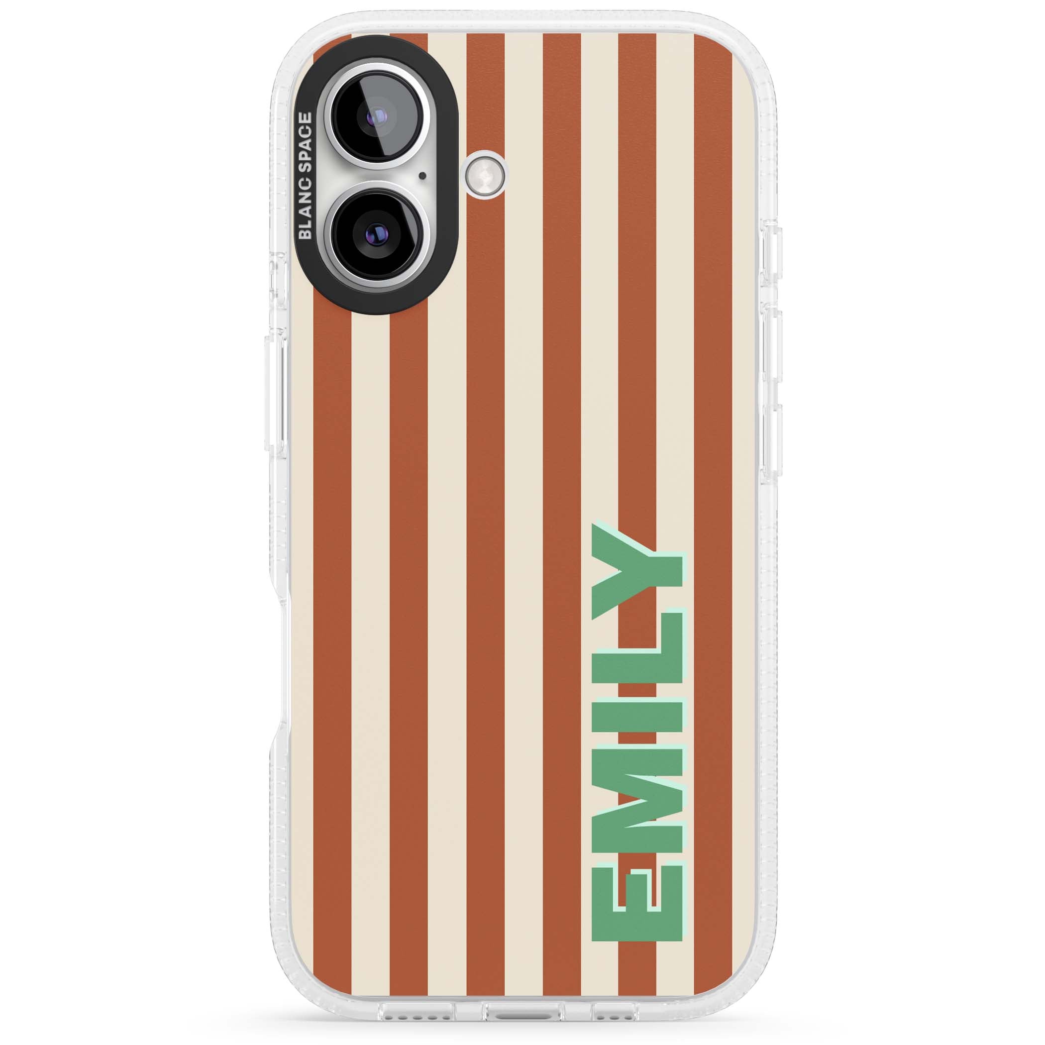 Dune Stripe personalised iPhone case with rust and cream vertical stripes and custom name in mint green | Clear Case Impact Air case for iPhone 16, iPhone 16 Plus