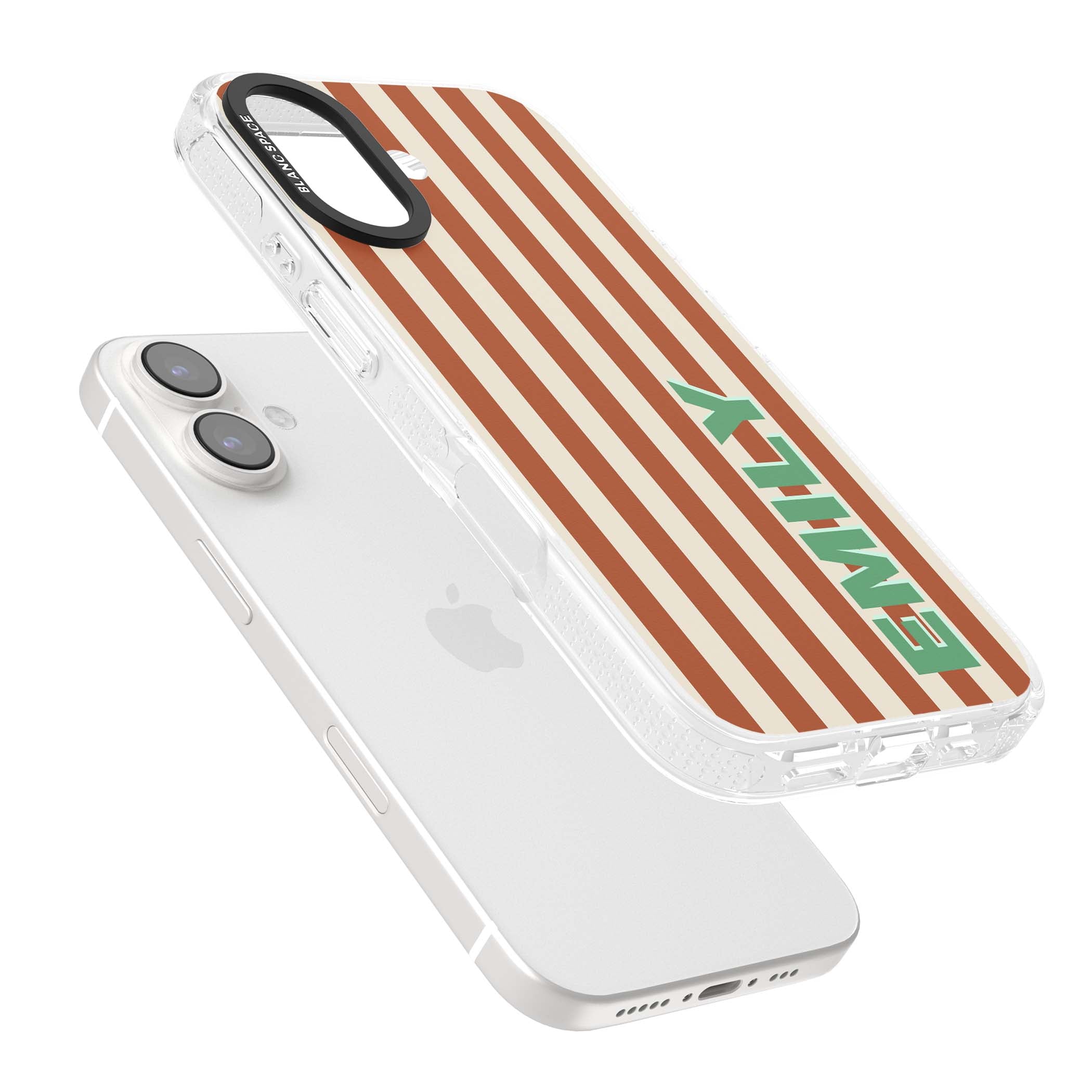 Dune Stripe personalised iPhone case with rust and cream vertical stripes and custom name in mint green | Clear Case Impact Air case for iPhone 16, iPhone 16 Plus