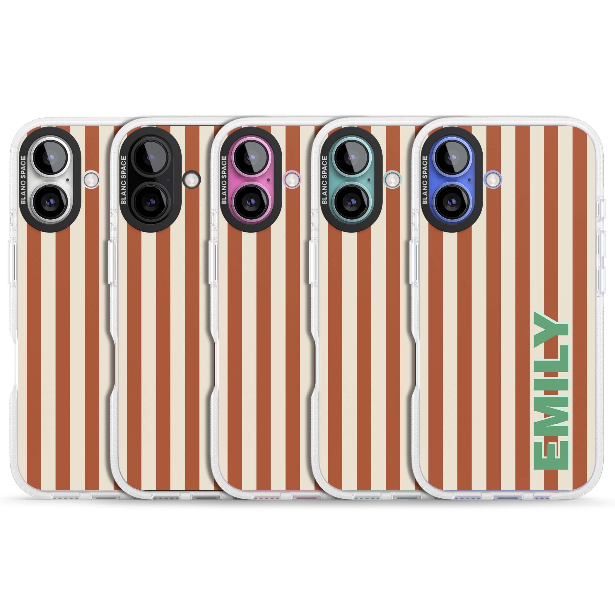 Dune Stripe personalised iPhone case with rust and cream vertical stripes and custom name in mint green | Clear Case Impact Air case for iPhone 16, iPhone 16 Plus