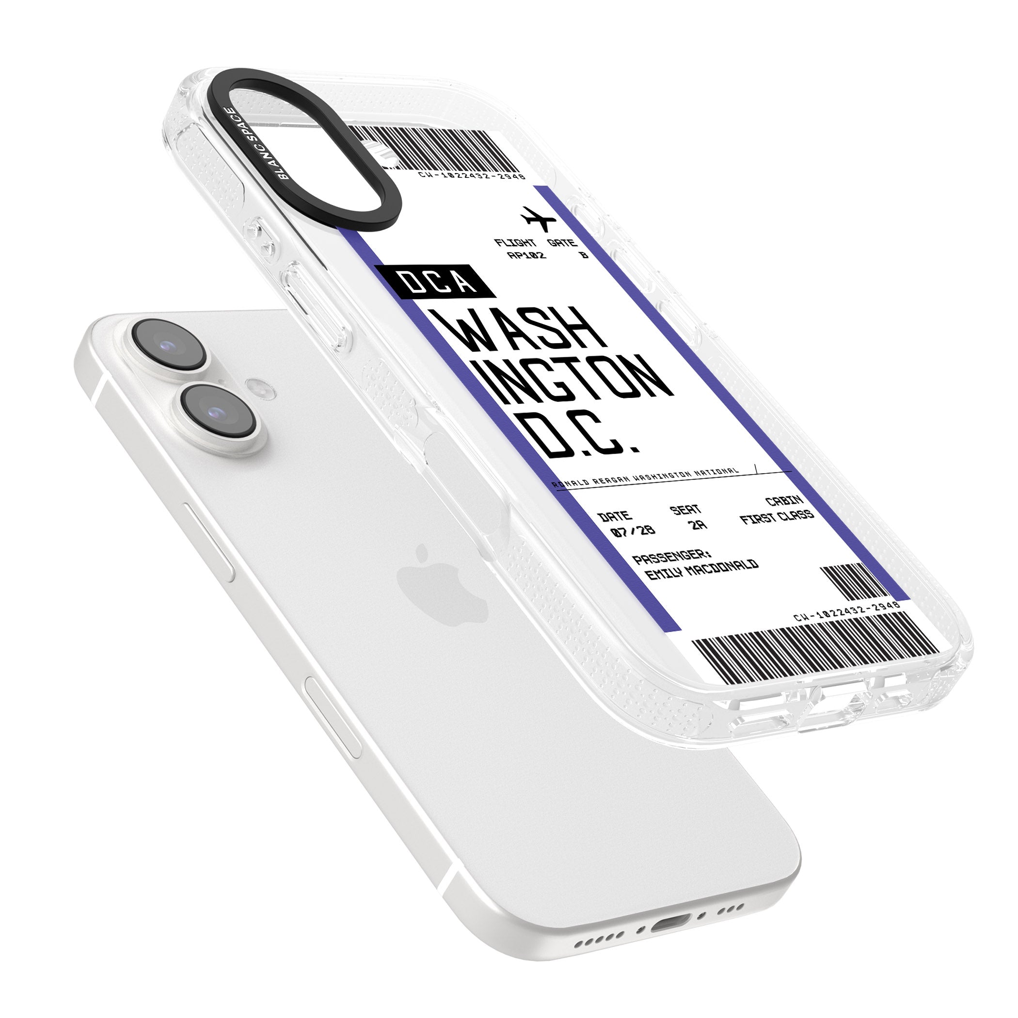 Personalised Washington D.C. Boarding Pass iPhone 16 / 16 Plus Clear Case Impact Air - Blanc Space