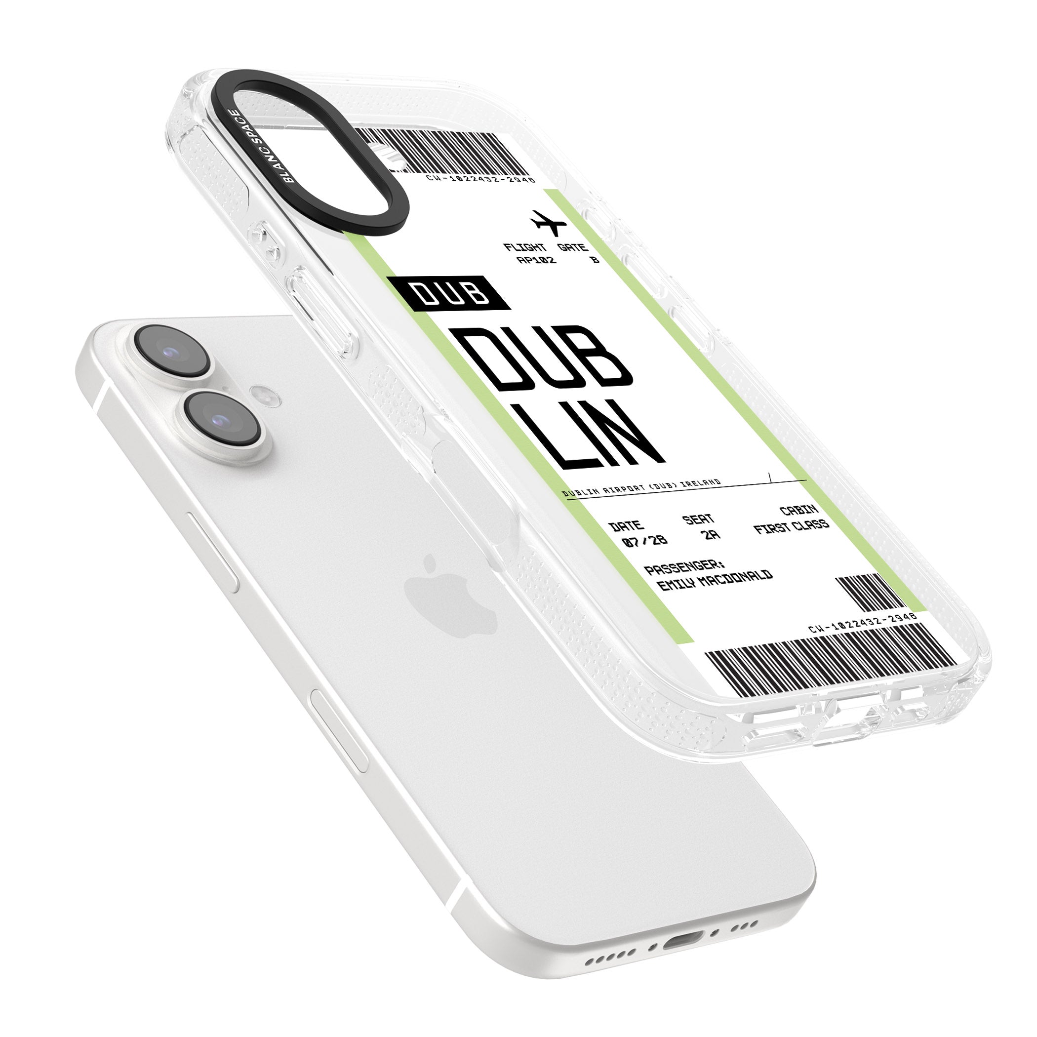Personalised Dublin Boarding Pass iPhone 16 / 16 Plus Clear Case Impact Air - Blanc Space