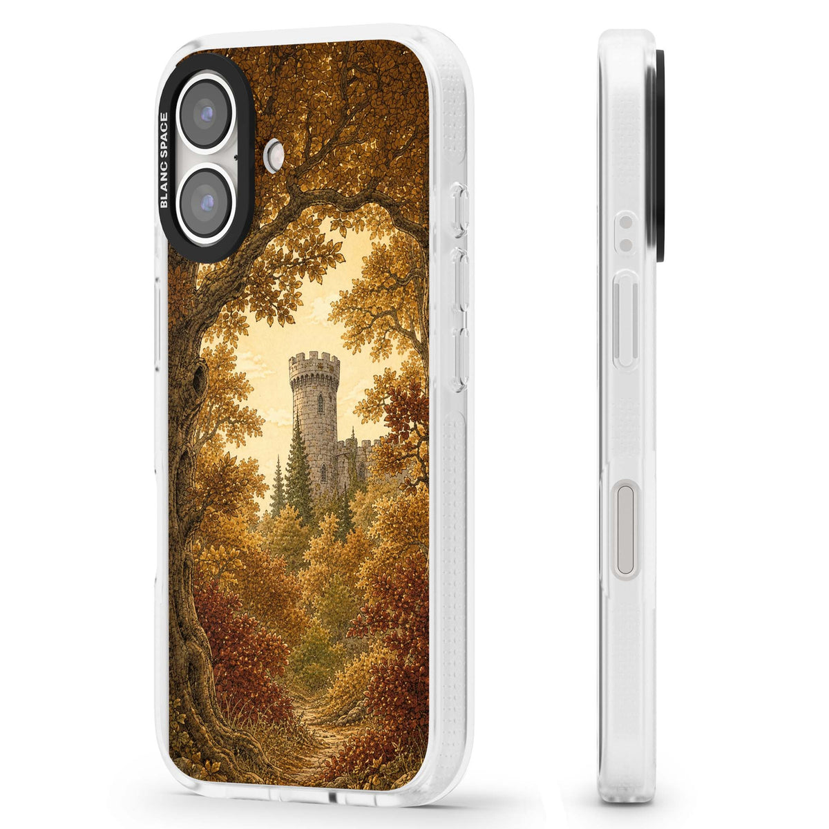 Autumn Keep cottagecore iPhone case featuring a medieval castle tower framed by golden autumn trees and woodland foliage | Clear Case Impact Air case for iPhone 16, iPhone 16 Plus