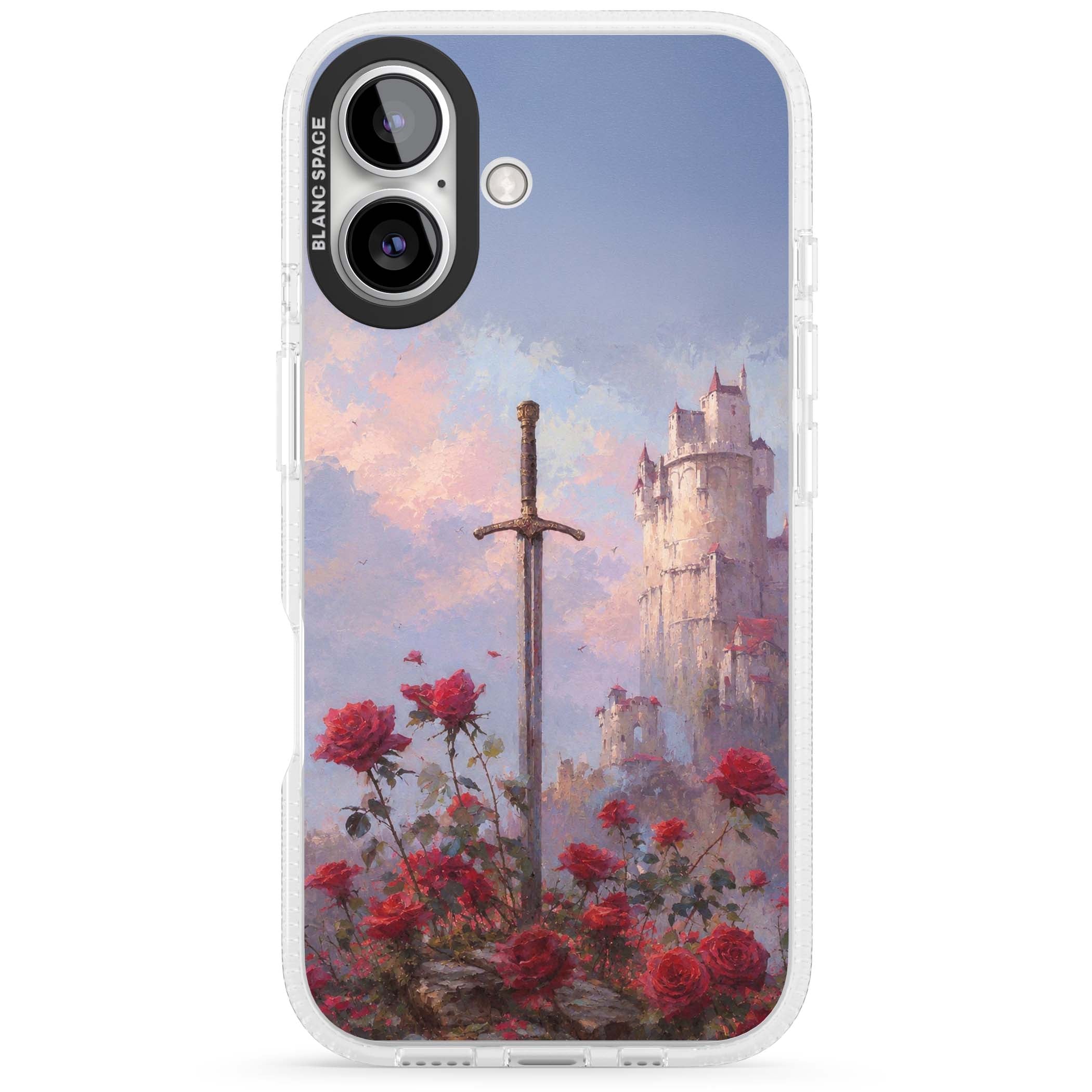 Sword in Roses medieval art iPhone case featuring a sword, red roses, and a misty fairytale castle at sunset | Clear Case Impact Air case for iPhone 16, iPhone 16 Plus