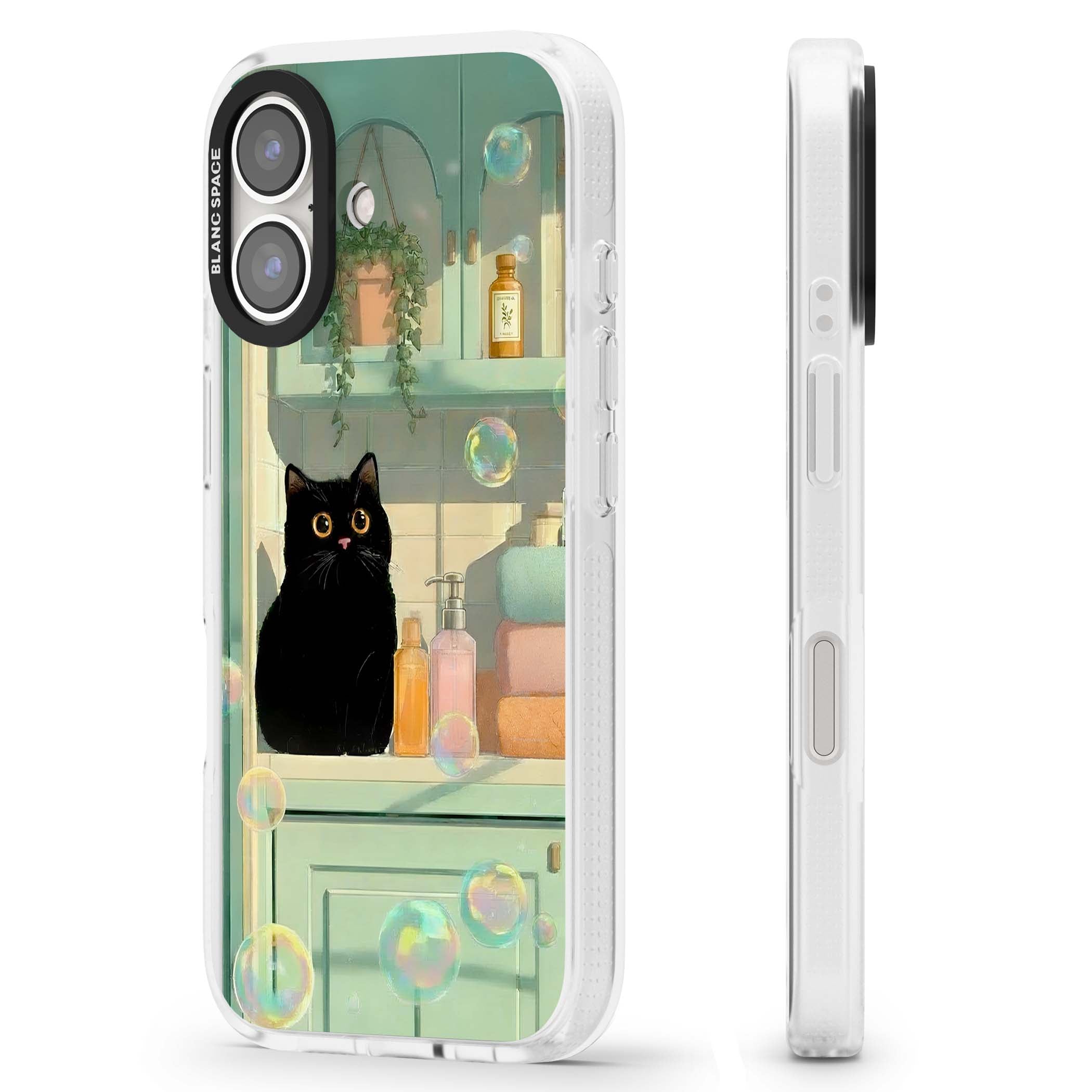 Bathroom Bubble Kitty cottagecore iPhone case featuring a black cat, mint bathroom scene and floating soap bubbles | Clear Case Impact Air case for iPhone 16, iPhone 16 Plus
