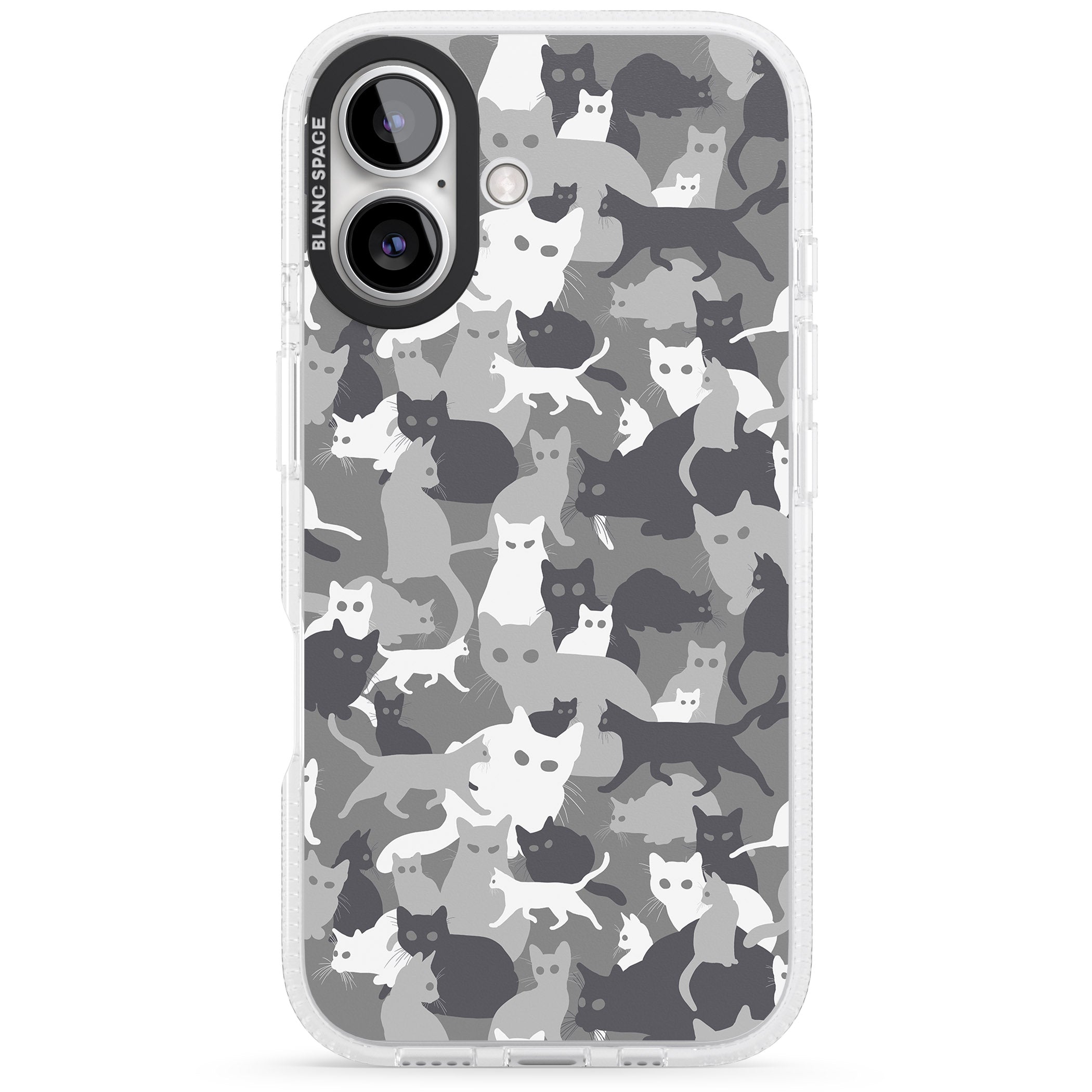 Dark Grey Cat Camouflage Pattern iPhone 16 / 16 Plus Clear Case Impact Air - Blanc Space