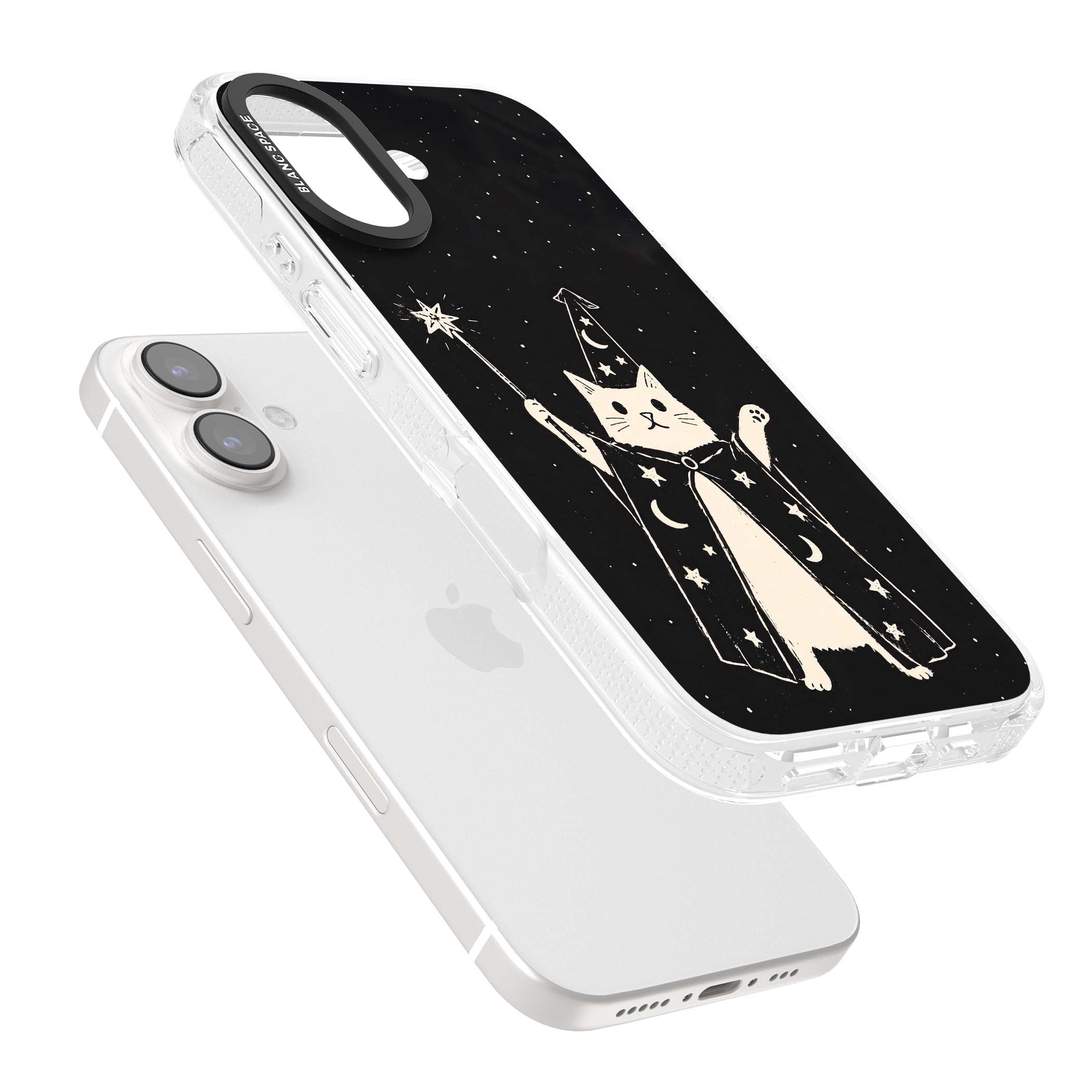 Whisker Wizard celestial cat iPhone case featuring a wizard cat with magic wand, starry night sky and crescent moons | Clear Case Impact Air case for iPhone 16, iPhone 16 Plus