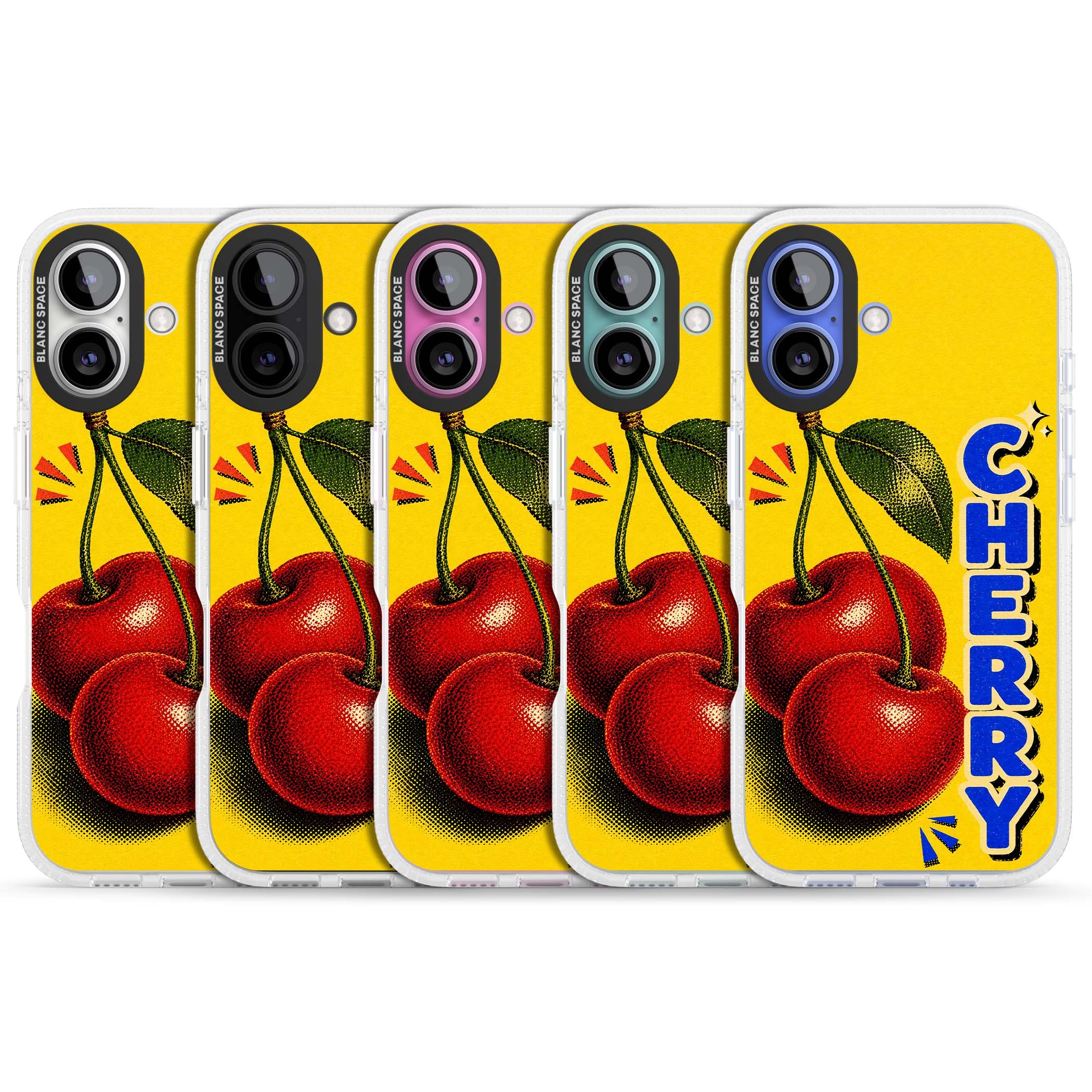 Cherry Yellow y2k iPhone case featuring two red cherries, halftone shading and bold blue CHERRY lettering on yellow | Clear Case Impact Air case for iPhone 16, iPhone 16 Plus