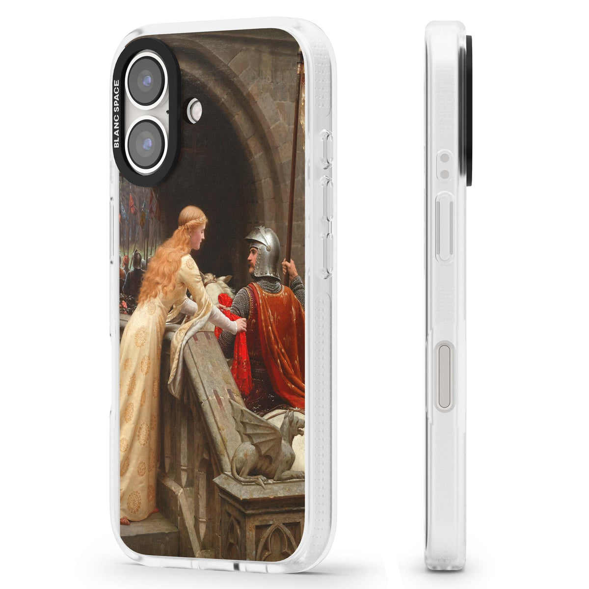 God Speed fine art iPhone case featuring Edmund Blair Leighton's medieval knight and lady beneath a stone archway | Clear Case Impact Air case for iPhone 16, iPhone 16 Plus