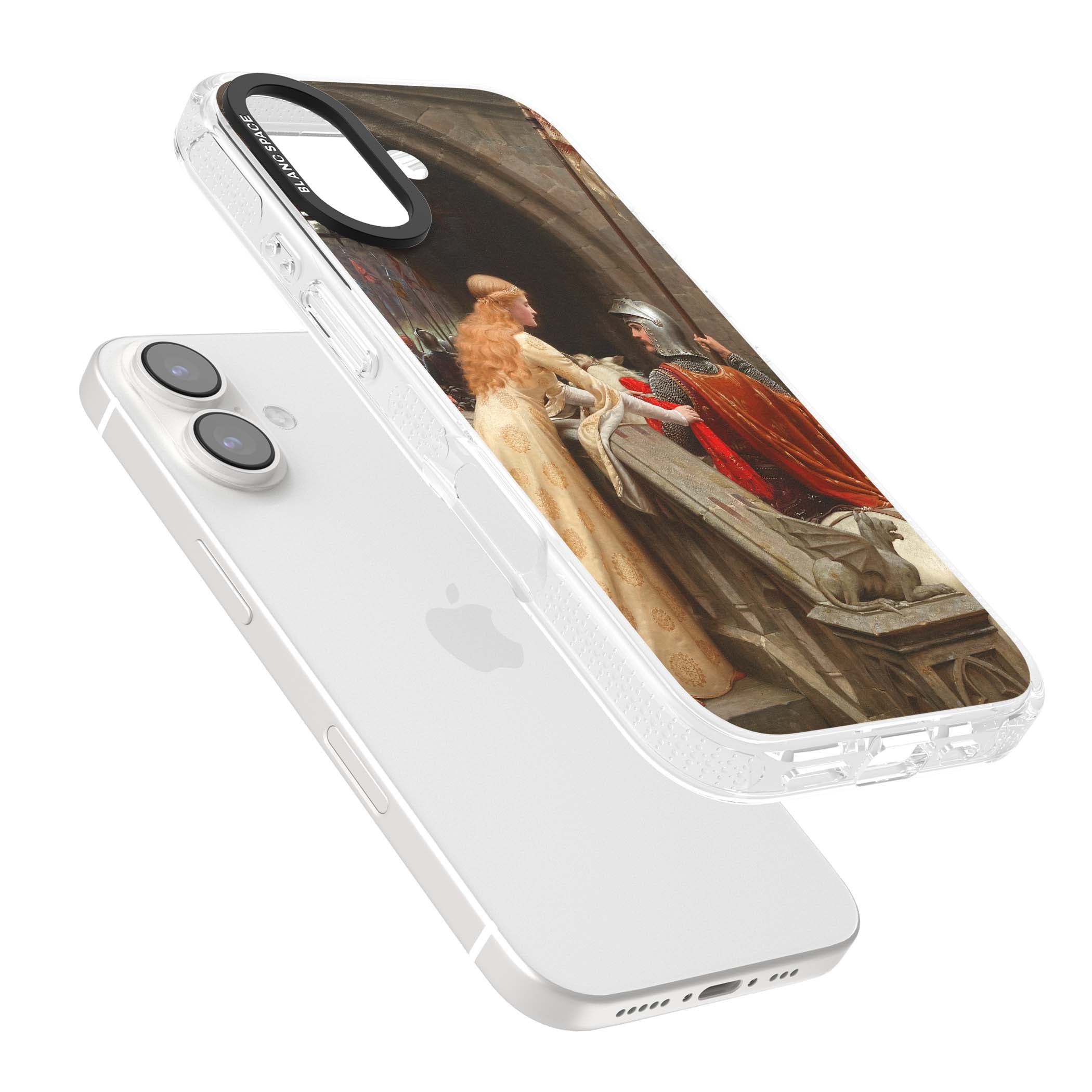 God Speed fine art iPhone case featuring Edmund Blair Leighton's medieval knight and lady beneath a stone archway | Clear Case Impact Air case for iPhone 16, iPhone 16 Plus