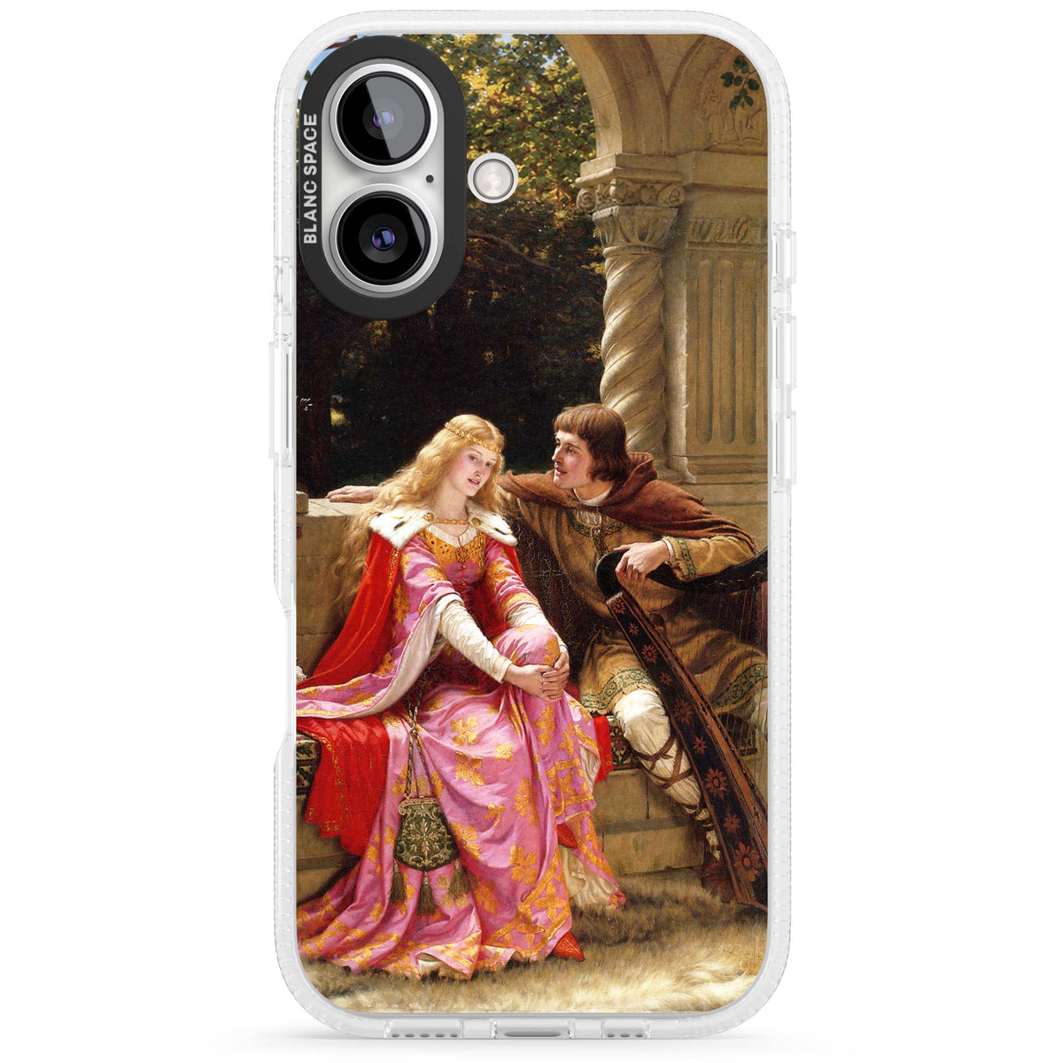 The End of the Song classic art iPhone case featuring a medieval lady in pink gown and her knight in a stone archway | Clear Case Impact Air case for iPhone 16, iPhone 16 Plus