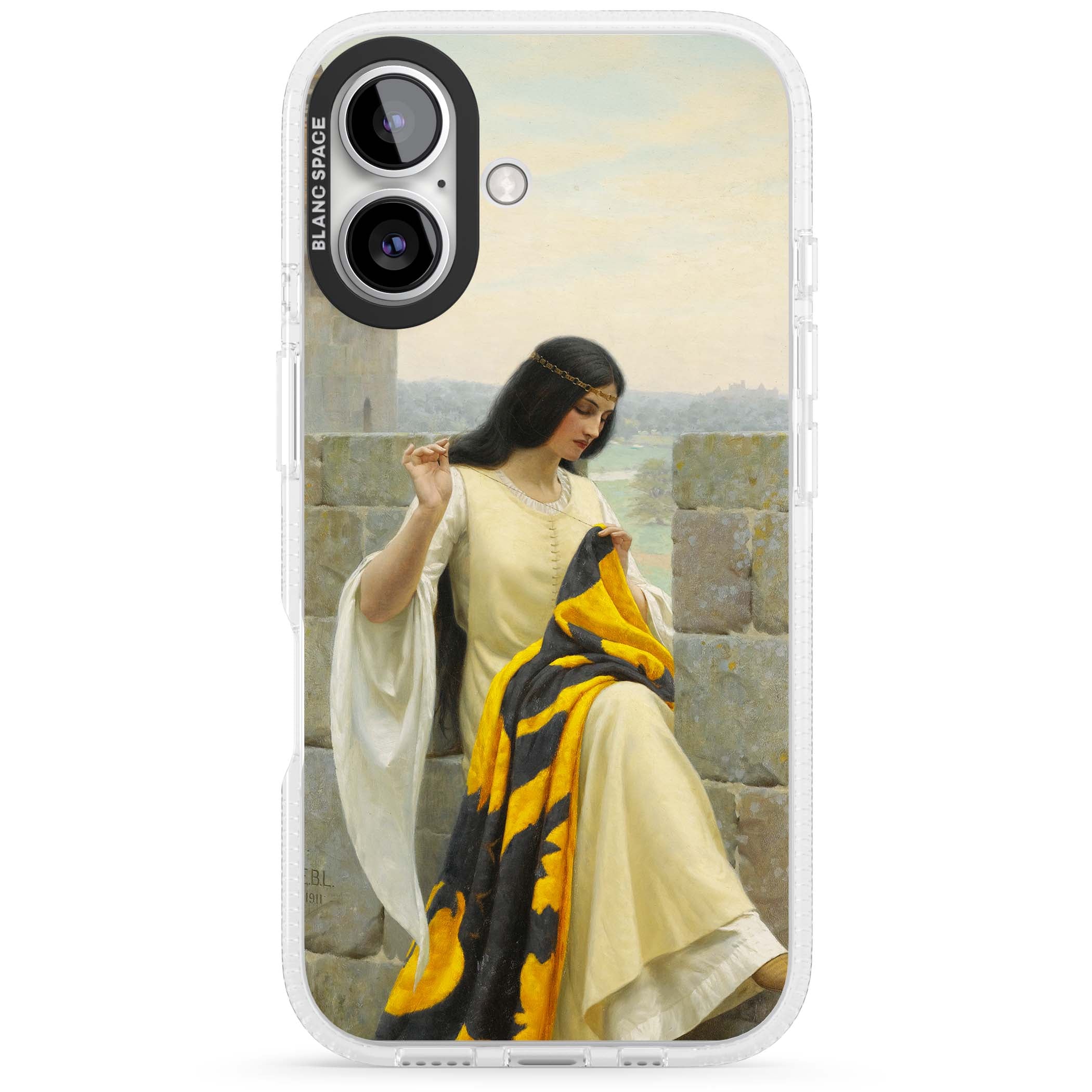 Stitching the Standard renaissance art iPhone case featuring a medieval lady sewing a golden banner on a castle wall | Clear Case Impact Air case for iPhone 16, iPhone 16 Plus