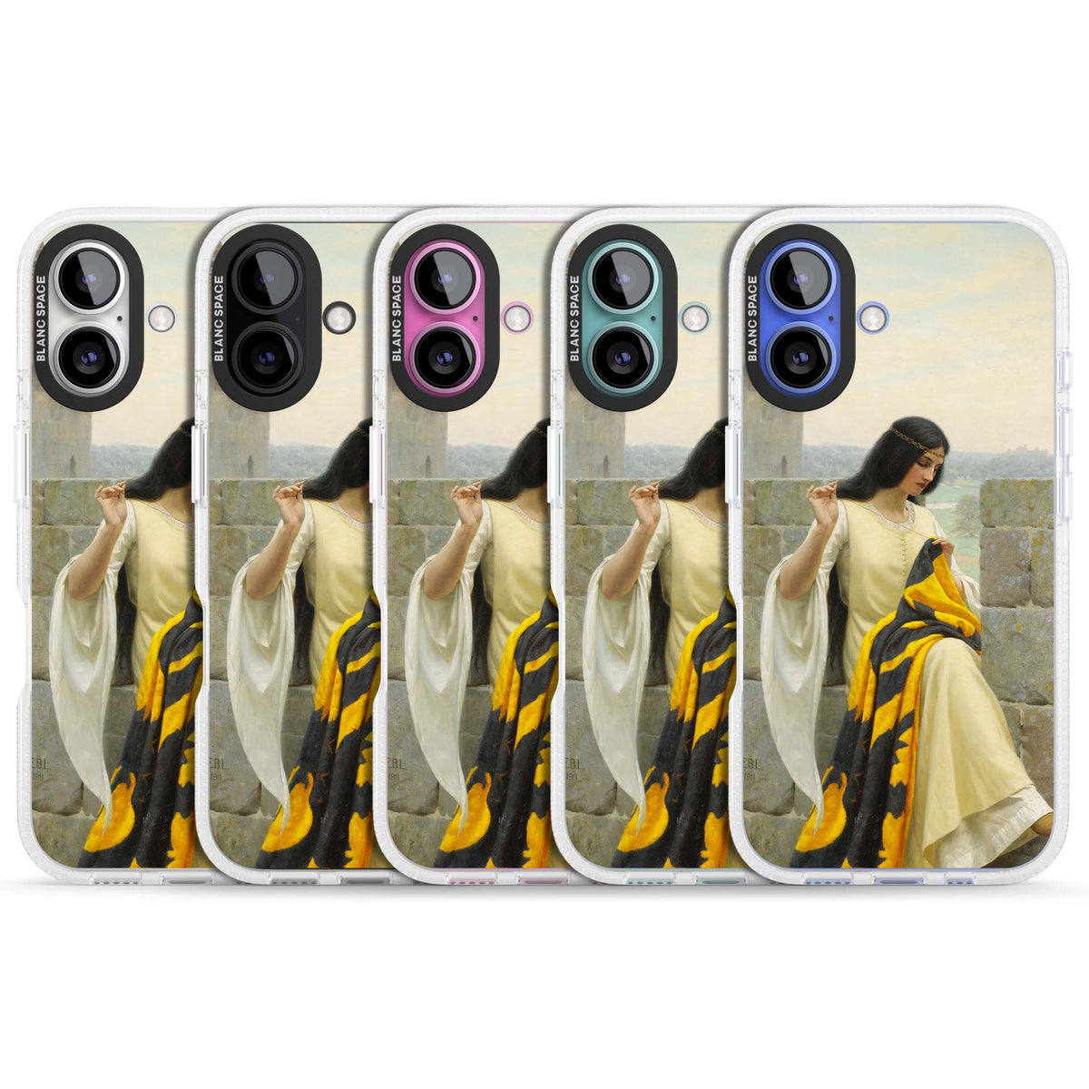 Stitching the Standard renaissance art iPhone case featuring a medieval lady sewing a golden banner on a castle wall | Clear Case Impact Air case for iPhone 16, iPhone 16 Plus