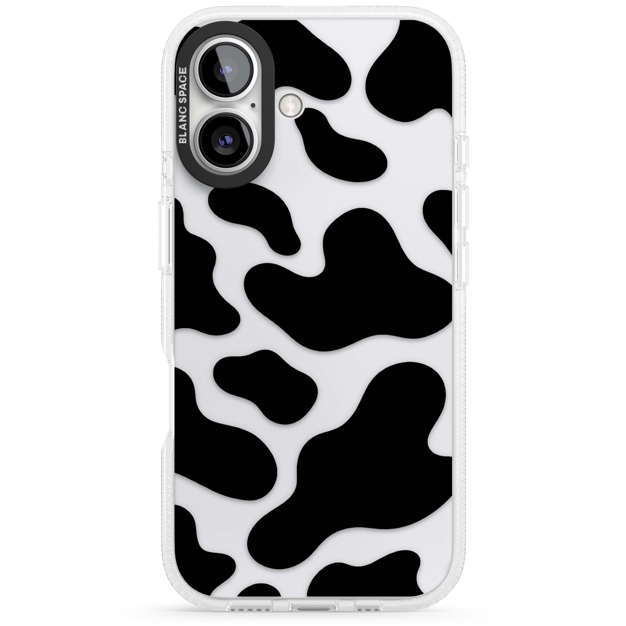 Clear Cow Print cow print iPhone case featuring black and white cow pattern splotches on a clear background | Clear Case Impact Air case for iPhone 16, iPhone 16 Plus