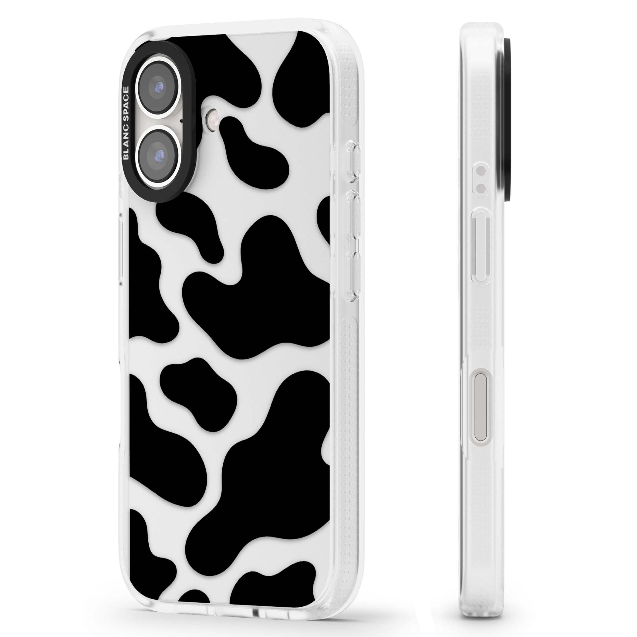 Clear Cow Print cow print iPhone case featuring black and white cow pattern splotches on a clear background | Clear Case Impact Air case for iPhone 16, iPhone 16 Plus