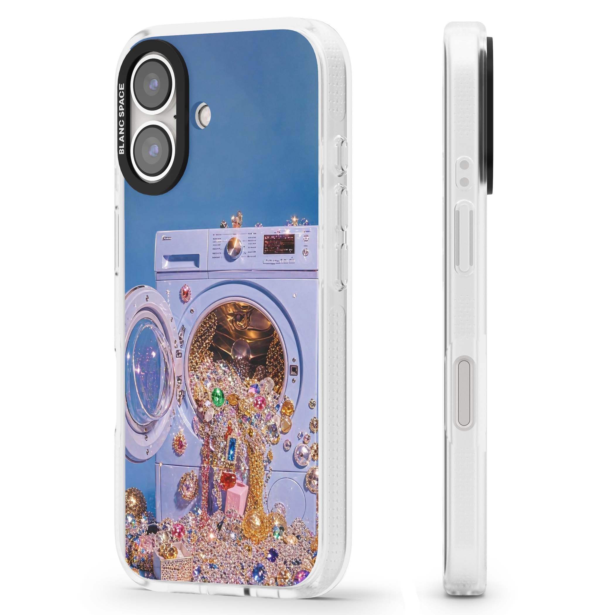 Gem Laundry baddie iPhone case featuring a surreal washing machine overflowing with colourful gemstones and crystals | Clear Case Impact Air case for iPhone 16, iPhone 16 Plus