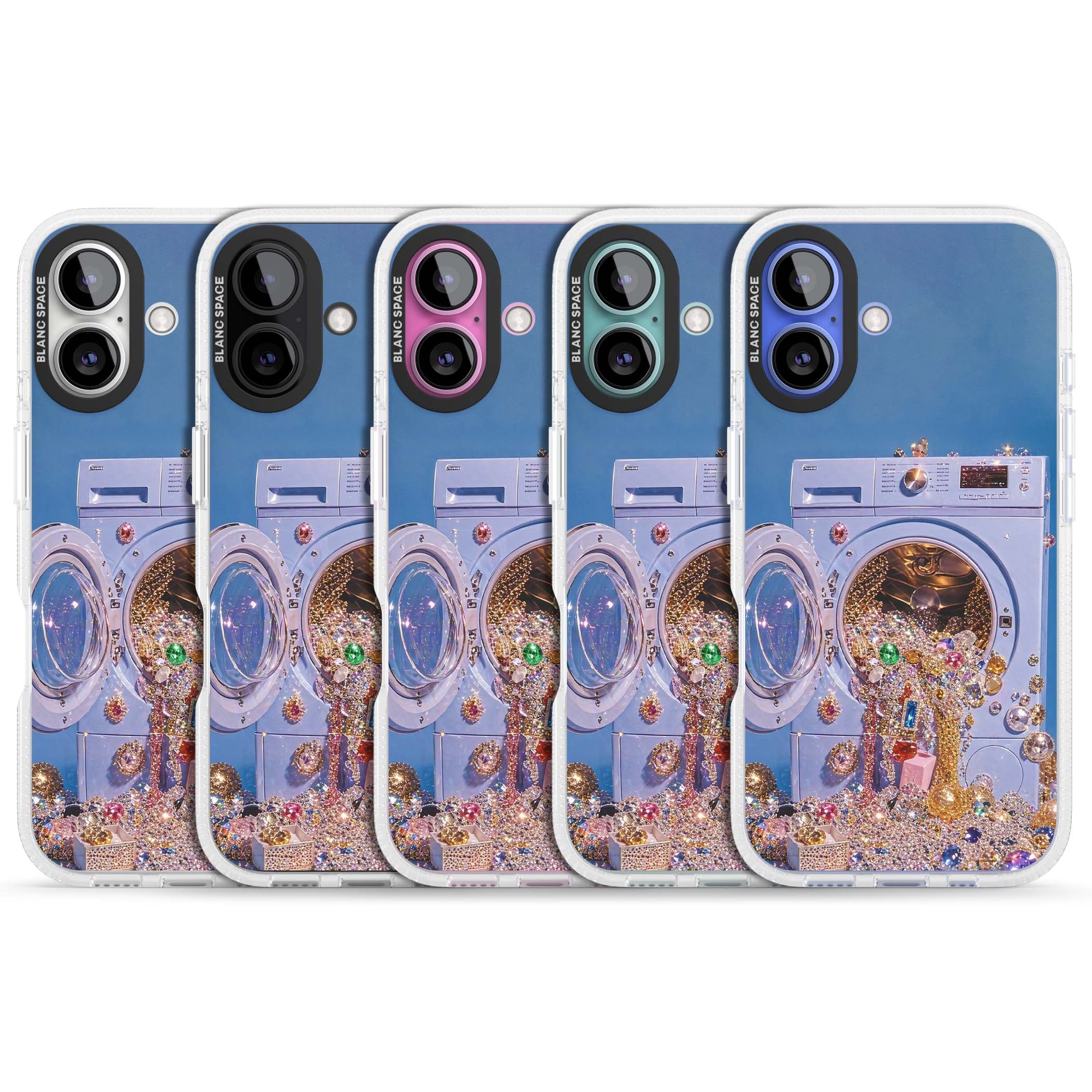 Gem Laundry baddie iPhone case featuring a surreal washing machine overflowing with colourful gemstones and crystals | Clear Case Impact Air case for iPhone 16, iPhone 16 Plus