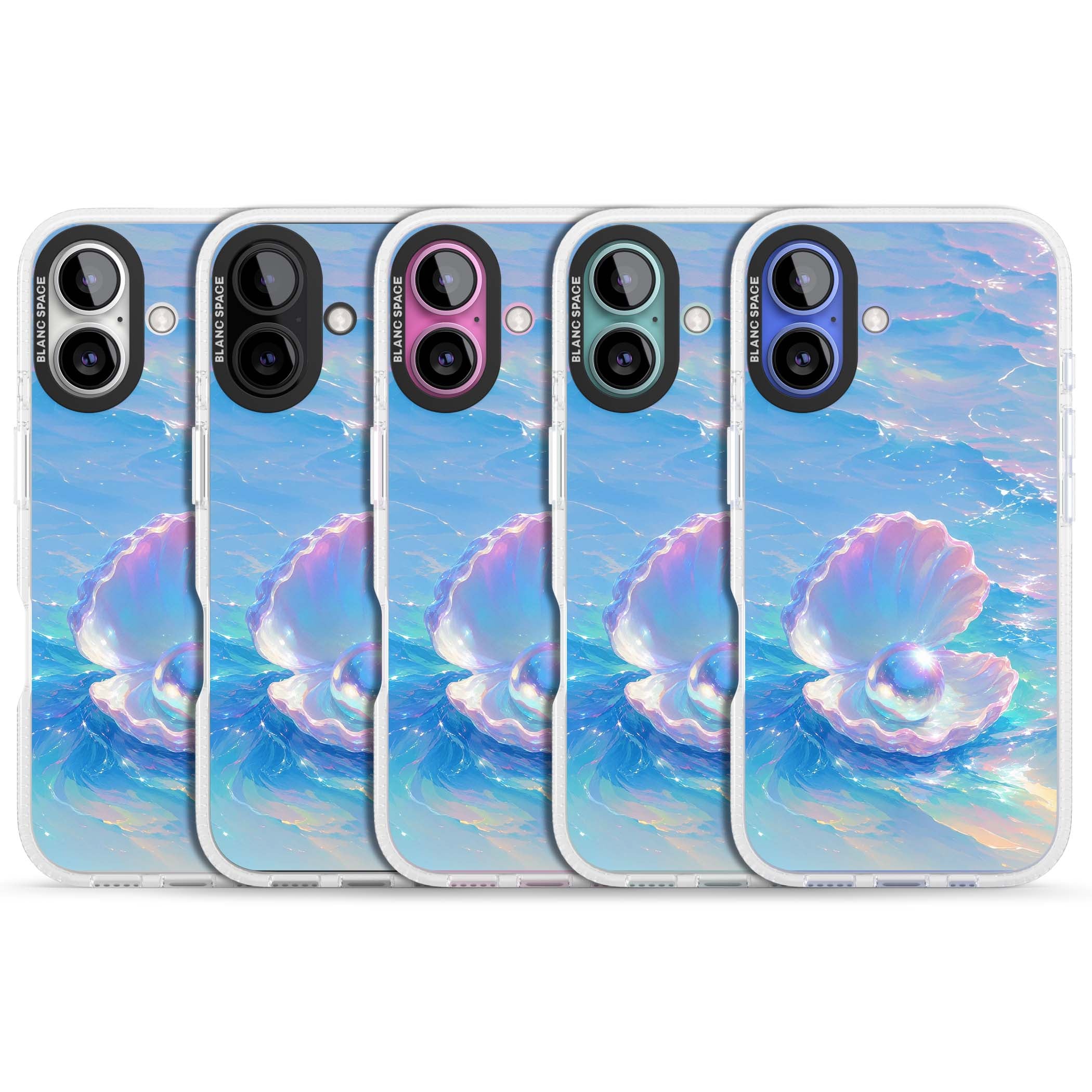 The Pearl Clam mermaidcore iPhone case featuring iridescent seashell, glowing pearl and pastel ocean waves | Clear Case Impact Air case for iPhone 16, iPhone 16 Plus