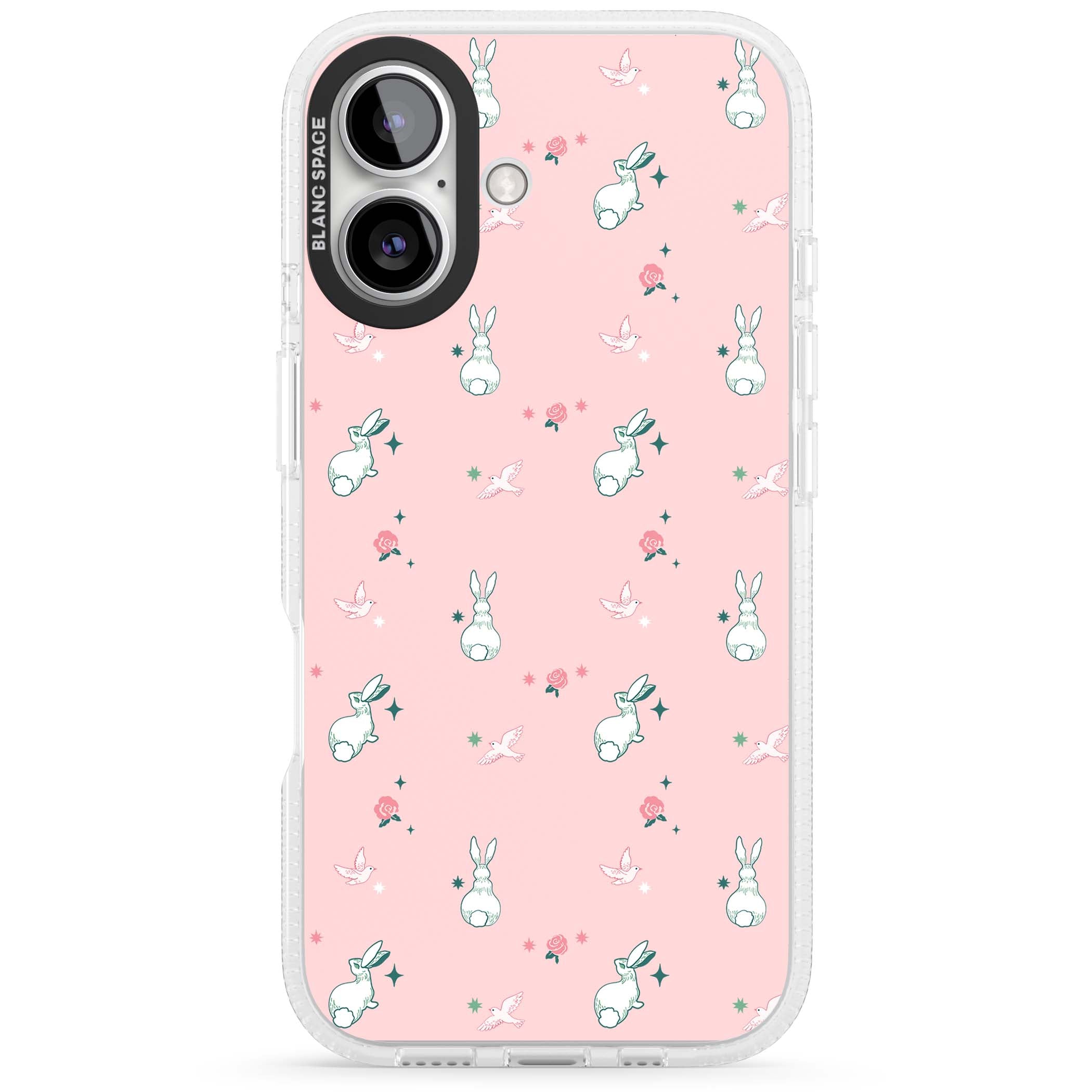Bunny Garden kawaii iPhone case featuring white rabbits, pink roses, doves and stars on pink background | Clear Case Impact Air case for iPhone 16, iPhone 16 Plus