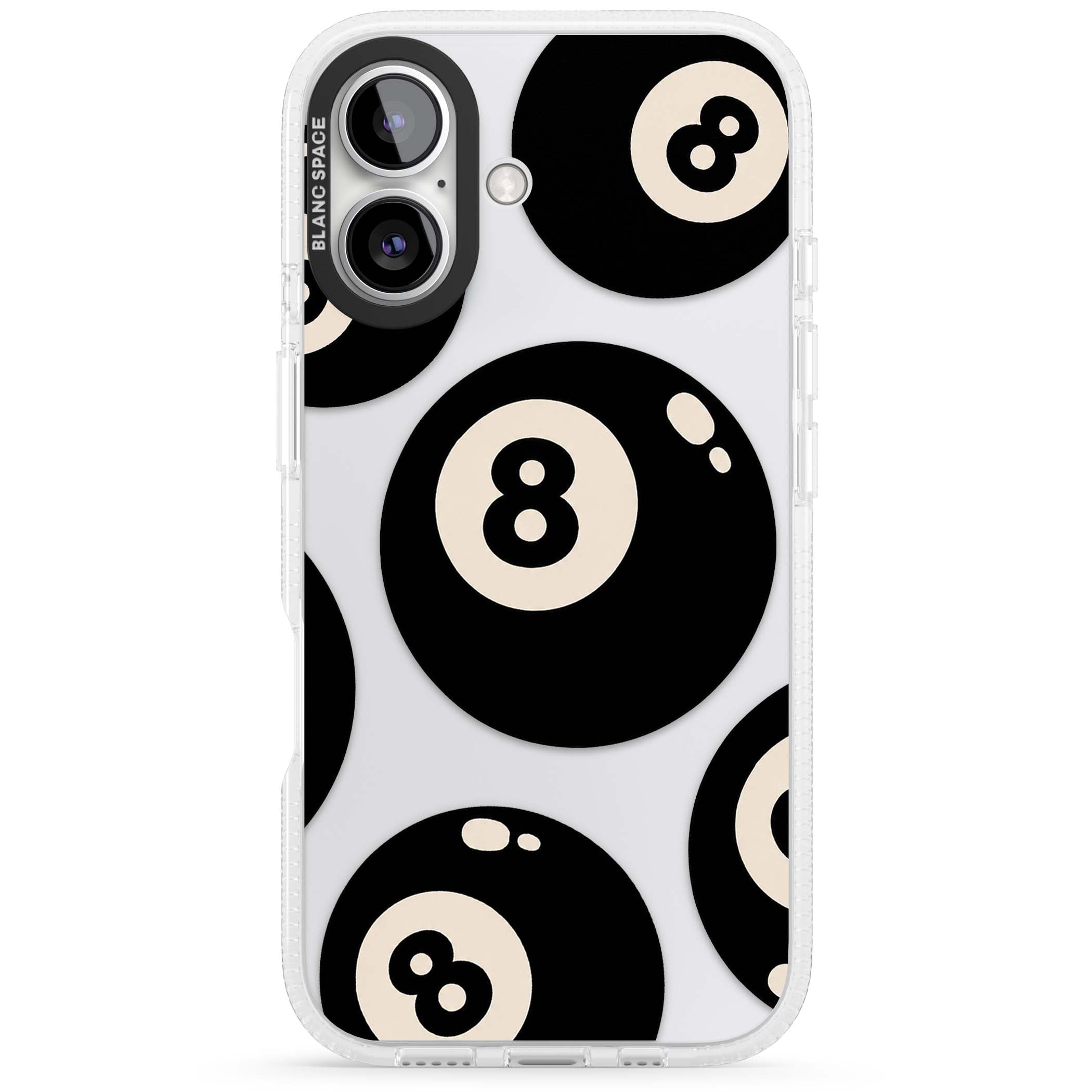 Eights y2k iPhone case featuring scattered black 8 balls with cream highlights on a clear background | Clear Case Impact Air case for iPhone 16, iPhone 16 Plus