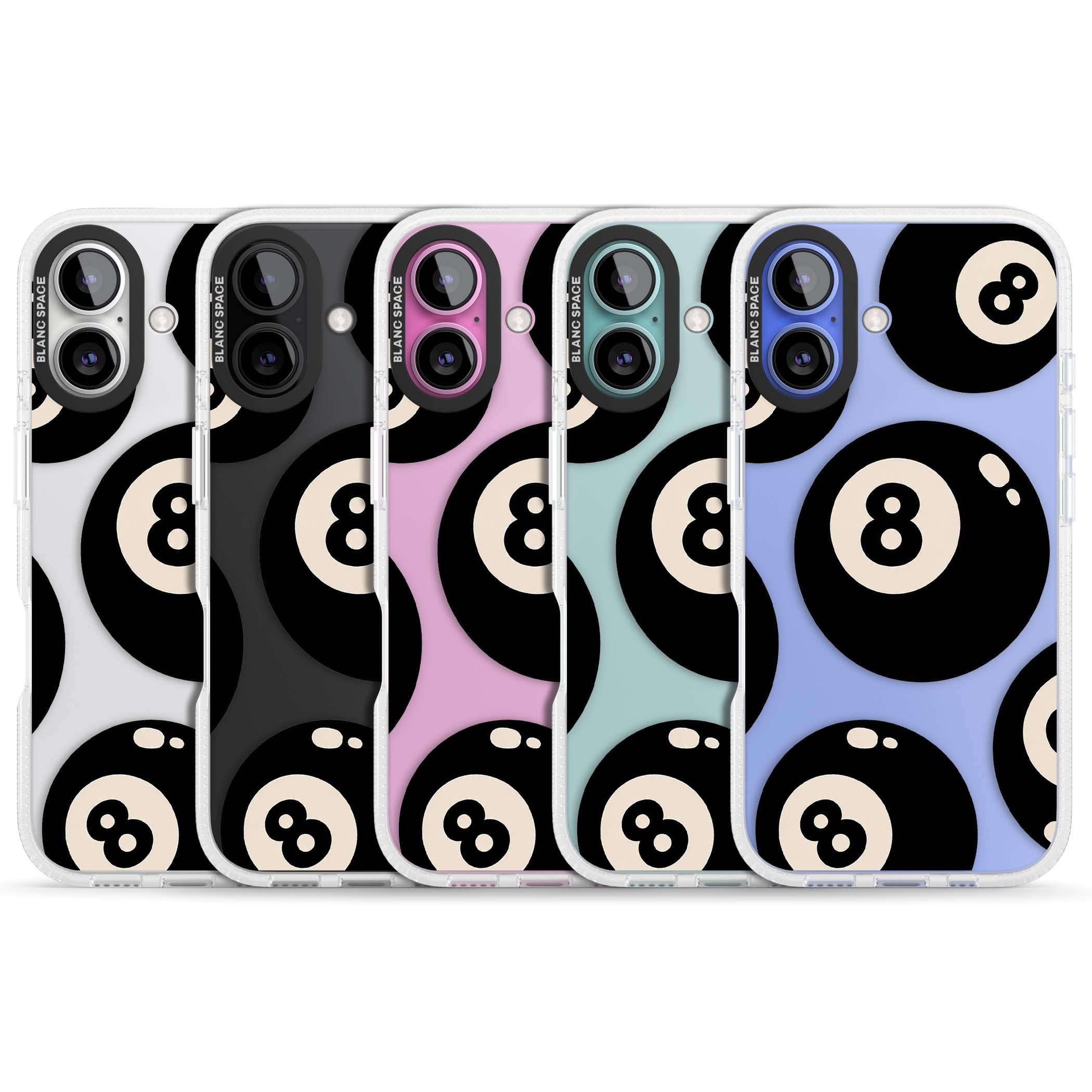 Eights y2k iPhone case featuring scattered black 8 balls with cream highlights on a clear background | Clear Case Impact Air case for iPhone 16, iPhone 16 Plus