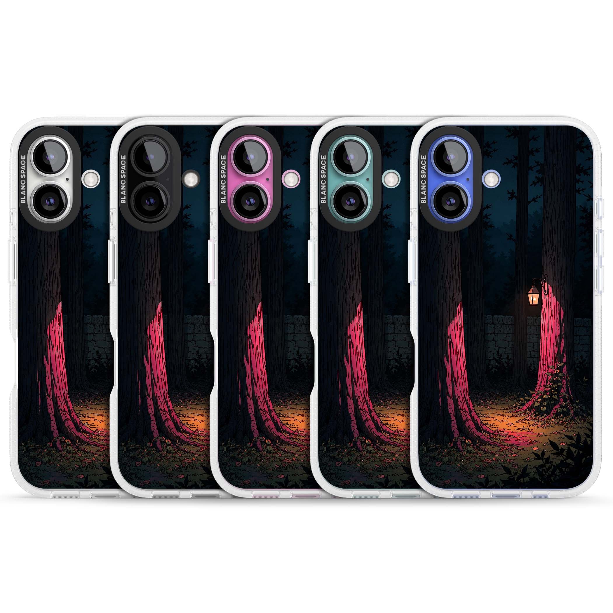 Forest Lantern dark academia iPhone case featuring a moonlit forest, glowing lantern, and stone wall pathway | Clear Case Impact Air case for iPhone 16, iPhone 16 Plus