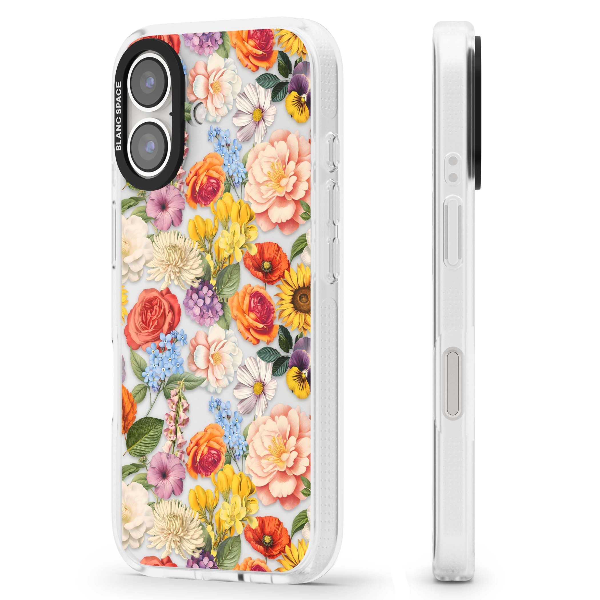 Bloom Basket floral iPhone case featuring cottage garden flowers including peonies, sunflowers, and wildflowers in pastel col | Clear Case Impact Air case for iPhone 16, iPhone 16 Plus