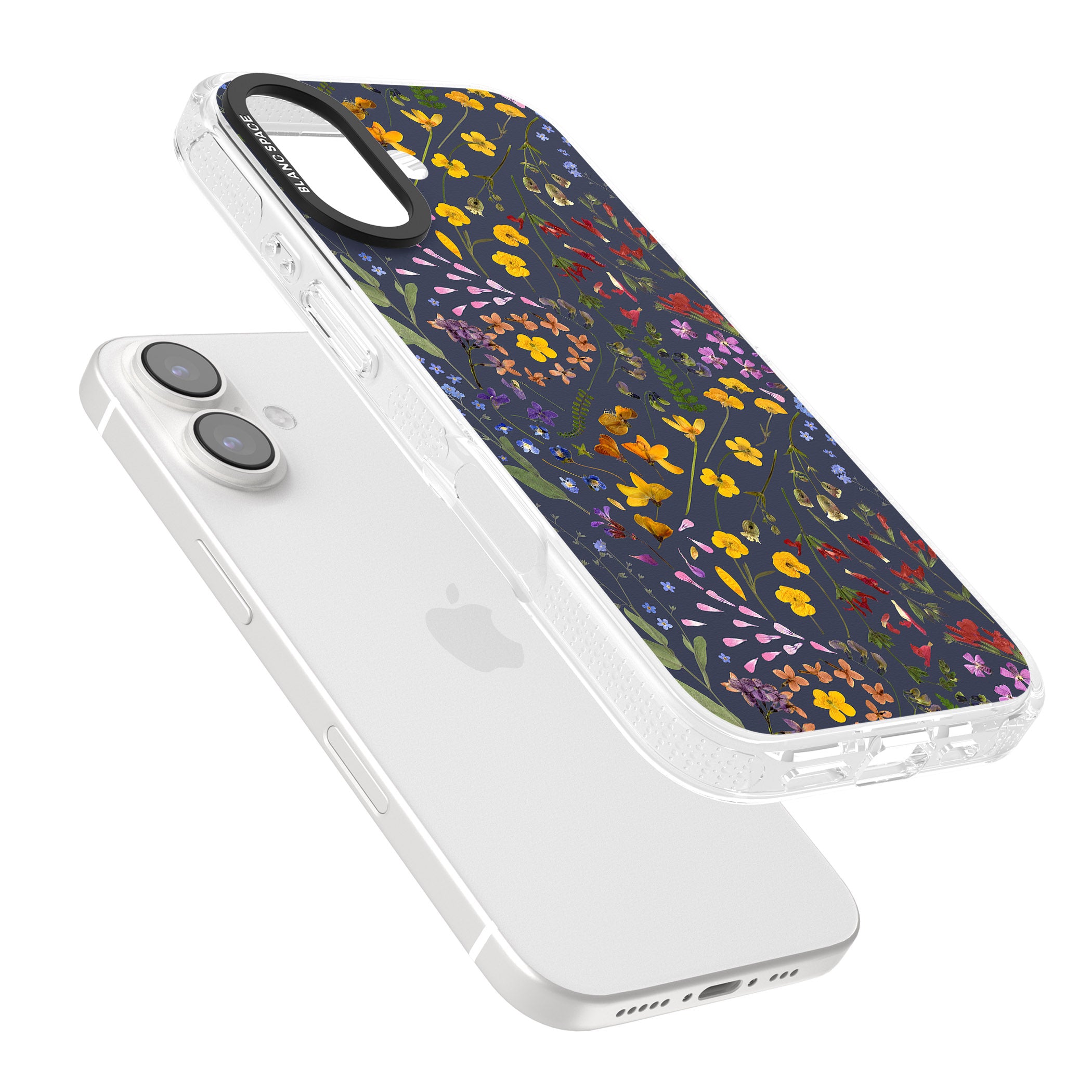 Wildflower & Leaves Cluster Design - Navy iPhone 16 / 16 Plus Clear Case Impact Air - Blanc Space
