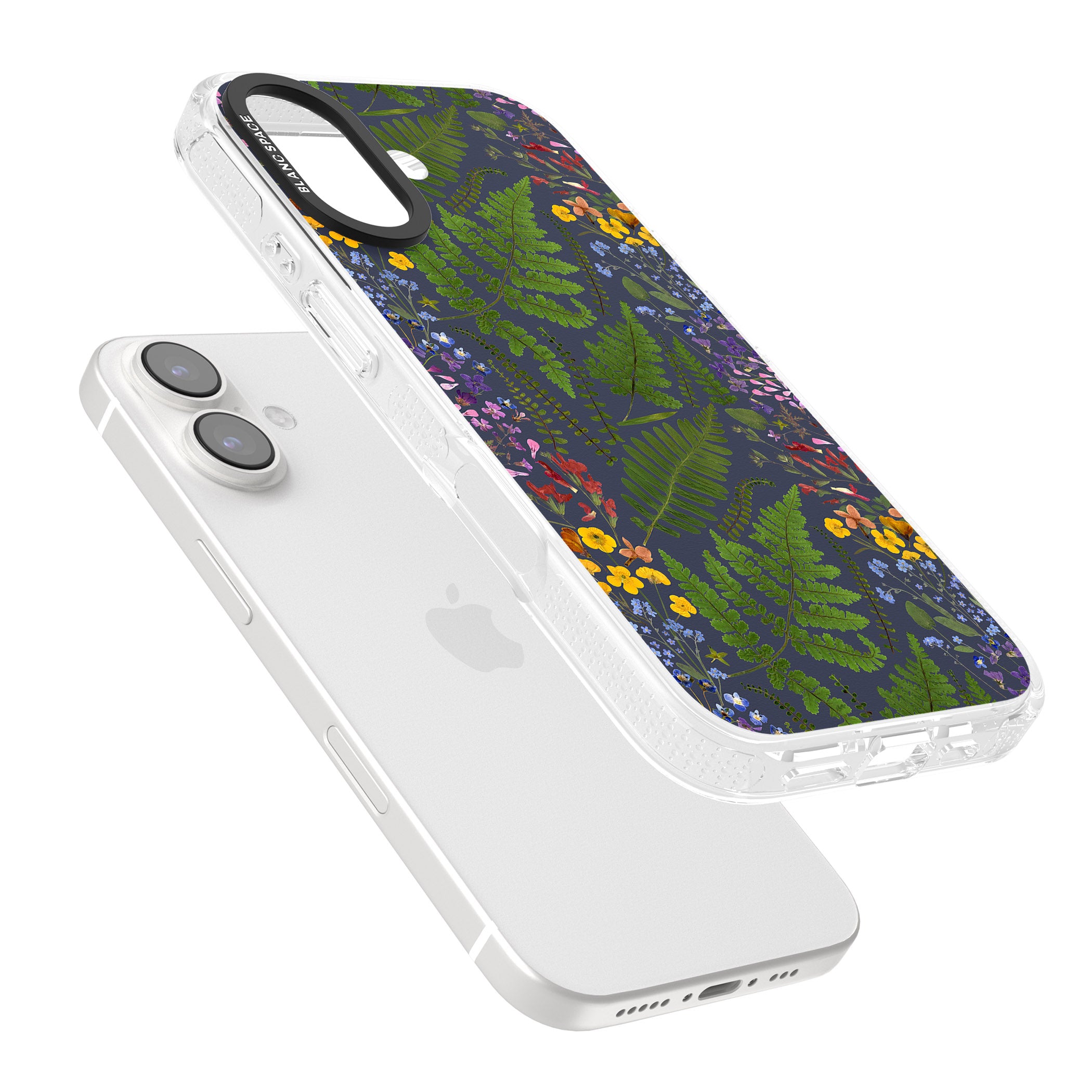 Busy Floral and Fern Design - Navy iPhone 16 / 16 Plus Clear Case Impact Air - Blanc Space
