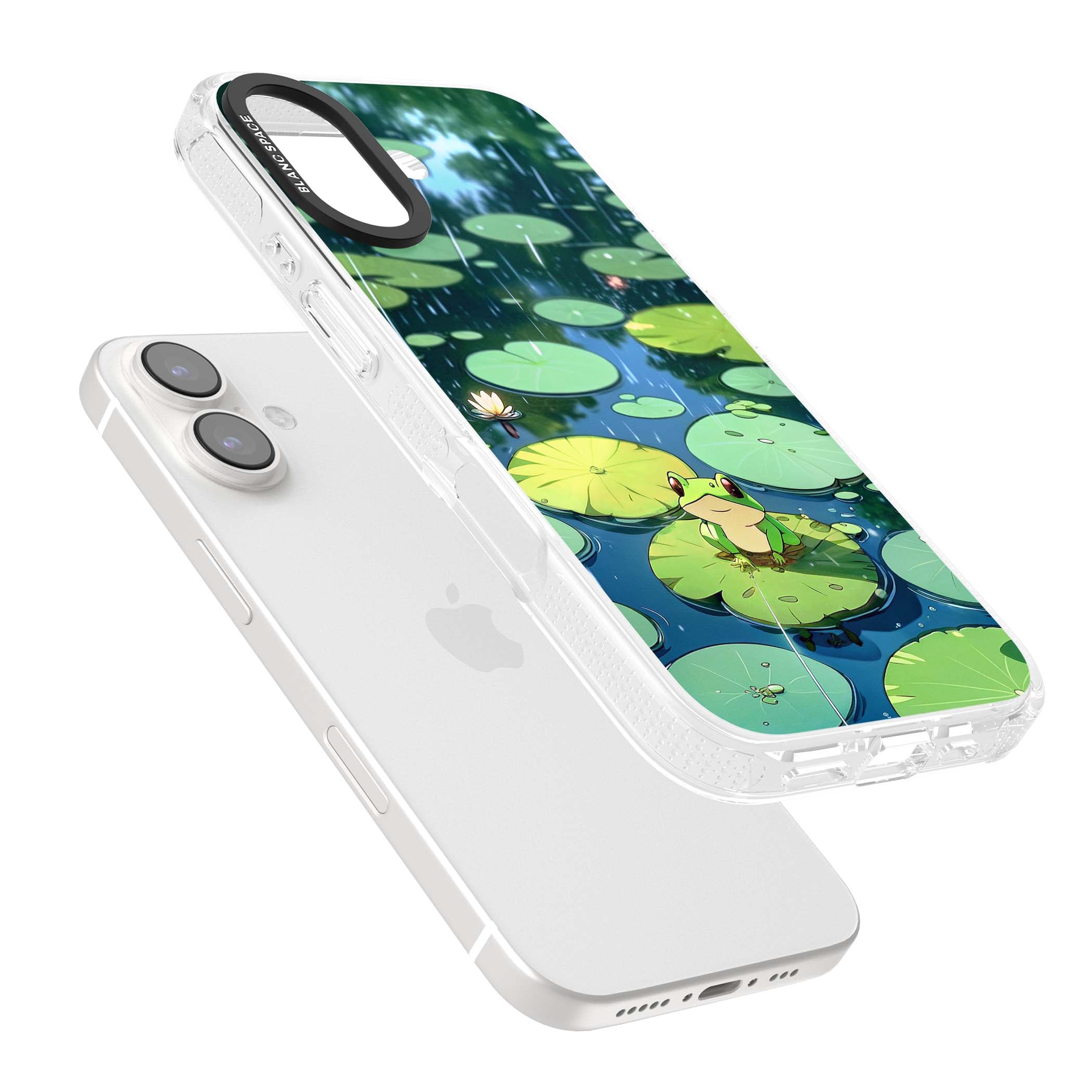 Frog In Lily Pond cottagecore iPhone case featuring a cute green frog on a lily pad with falling rain and a lotus flower | Clear Case Impact Air case for iPhone 16, iPhone 16 Plus