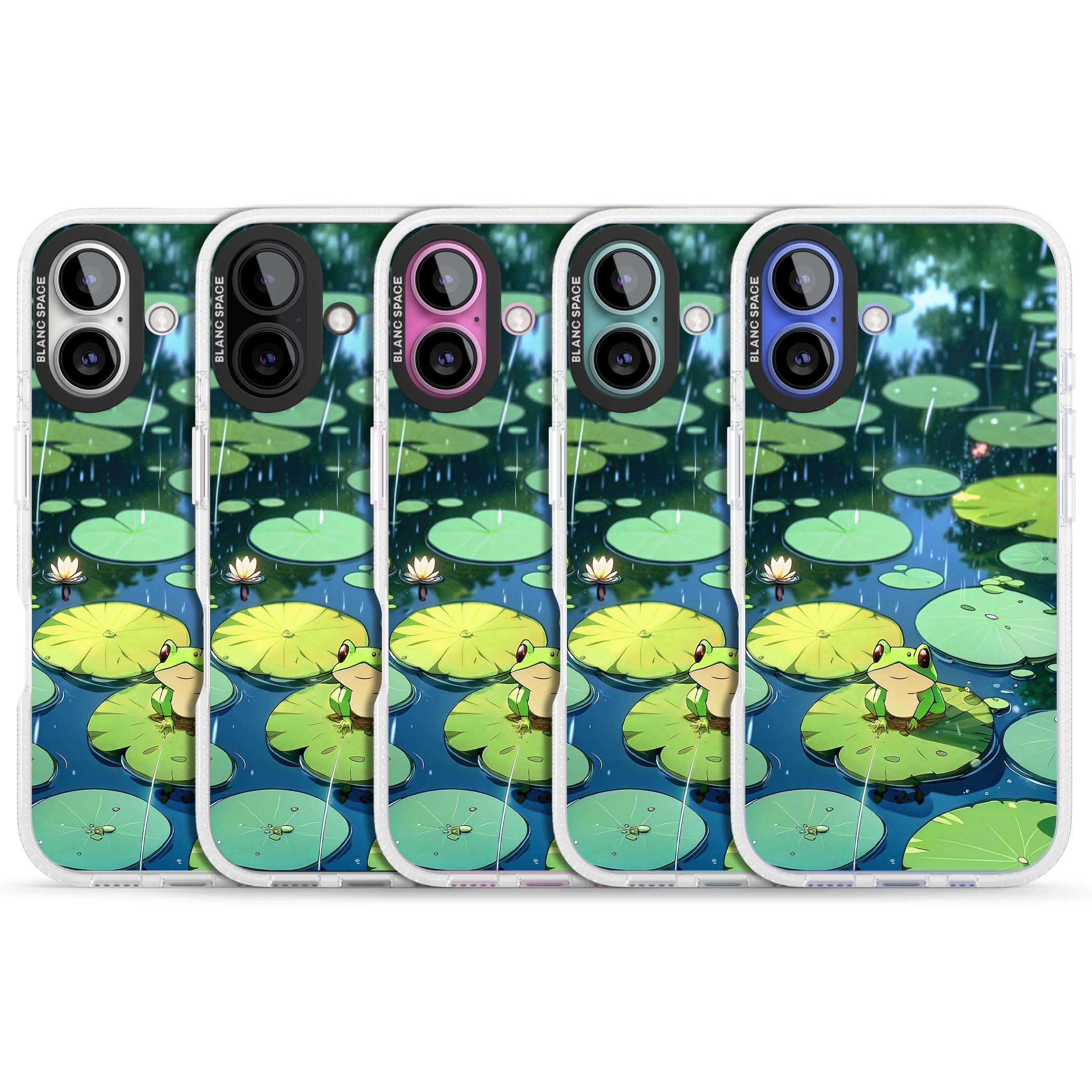 Frog In Lily Pond cottagecore iPhone case featuring a cute green frog on a lily pad with falling rain and a lotus flower | Clear Case Impact Air case for iPhone 16, iPhone 16 Plus