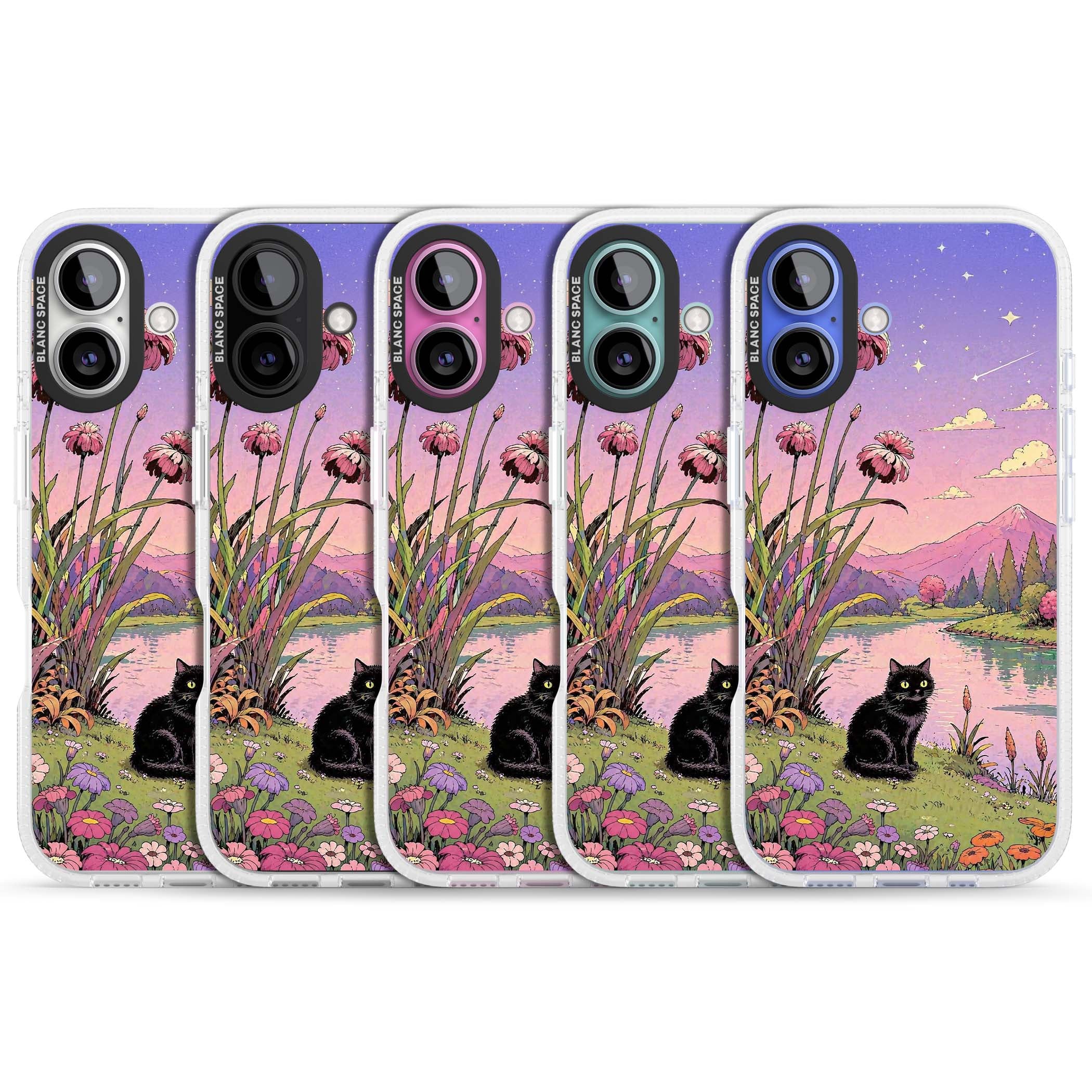 Mystic Whiskers ghibli iPhone case featuring a black cat by a pastel lake, wildflowers and a starry sunset sky | Clear Case Impact Air case for iPhone 16, iPhone 16 Plus