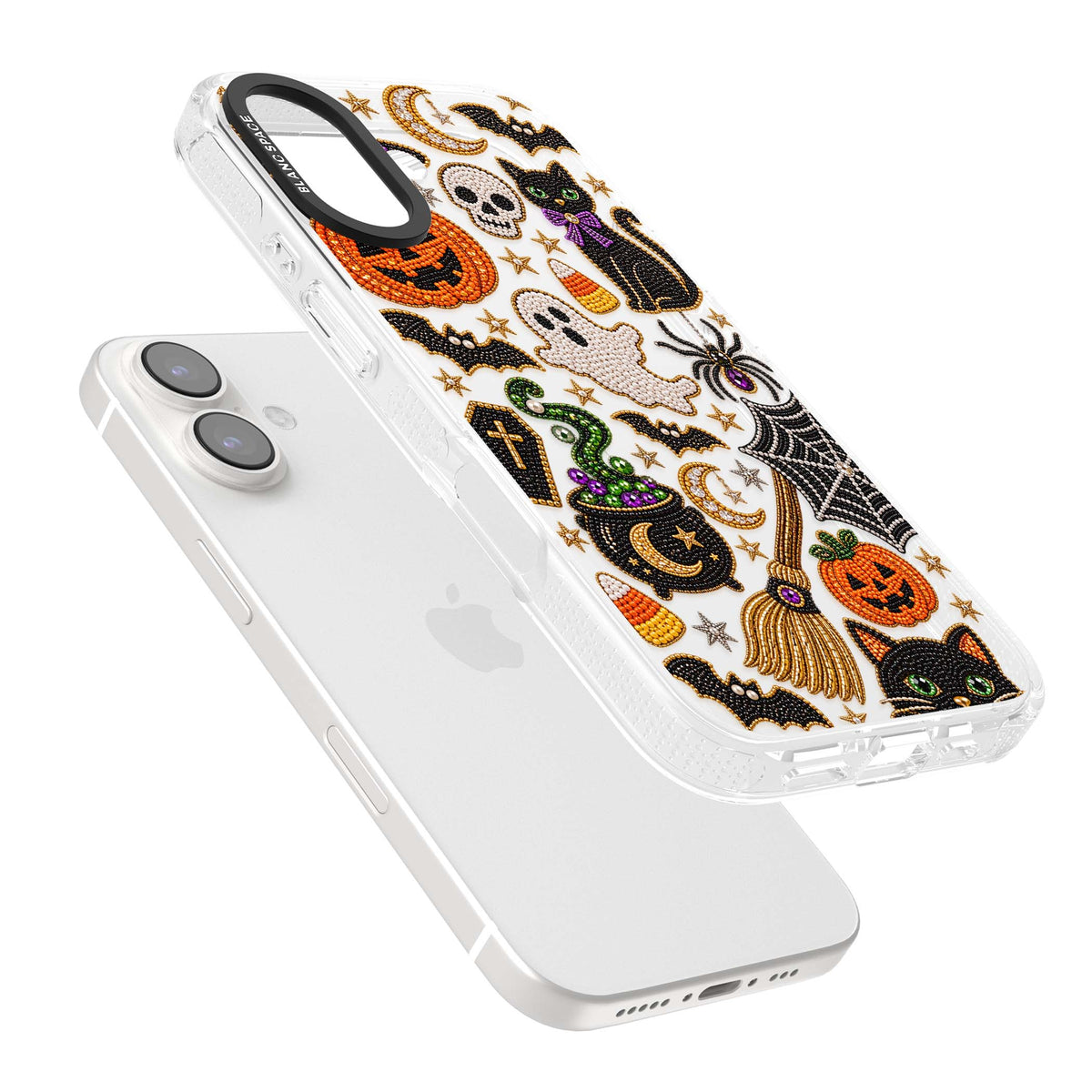 Beaded Halloween Halloween iPhone case featuring beaded pumpkins, ghosts, black cats and bats | Clear Case Impact Air case for iPhone 16, iPhone 16 Plus
