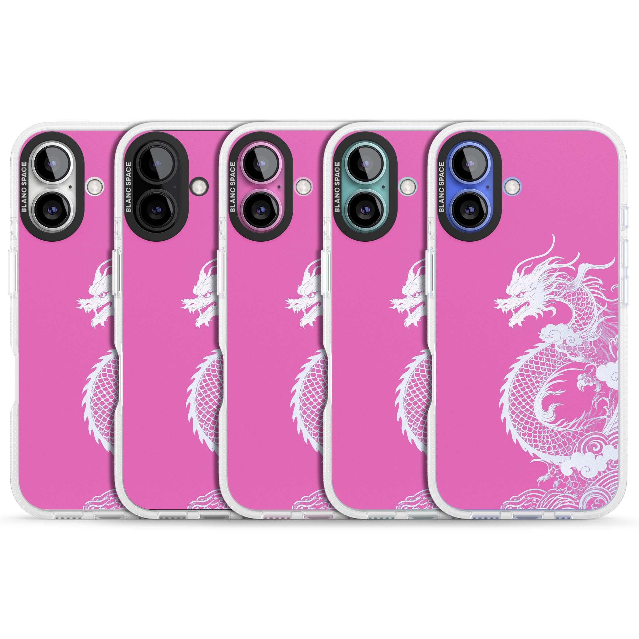 Pink Empress chinese dragon iPhone case featuring a white dragon, swirling clouds and pink dragon wallpaper backdrop | Clear Case Impact Air case for iPhone 16, iPhone 16 Plus