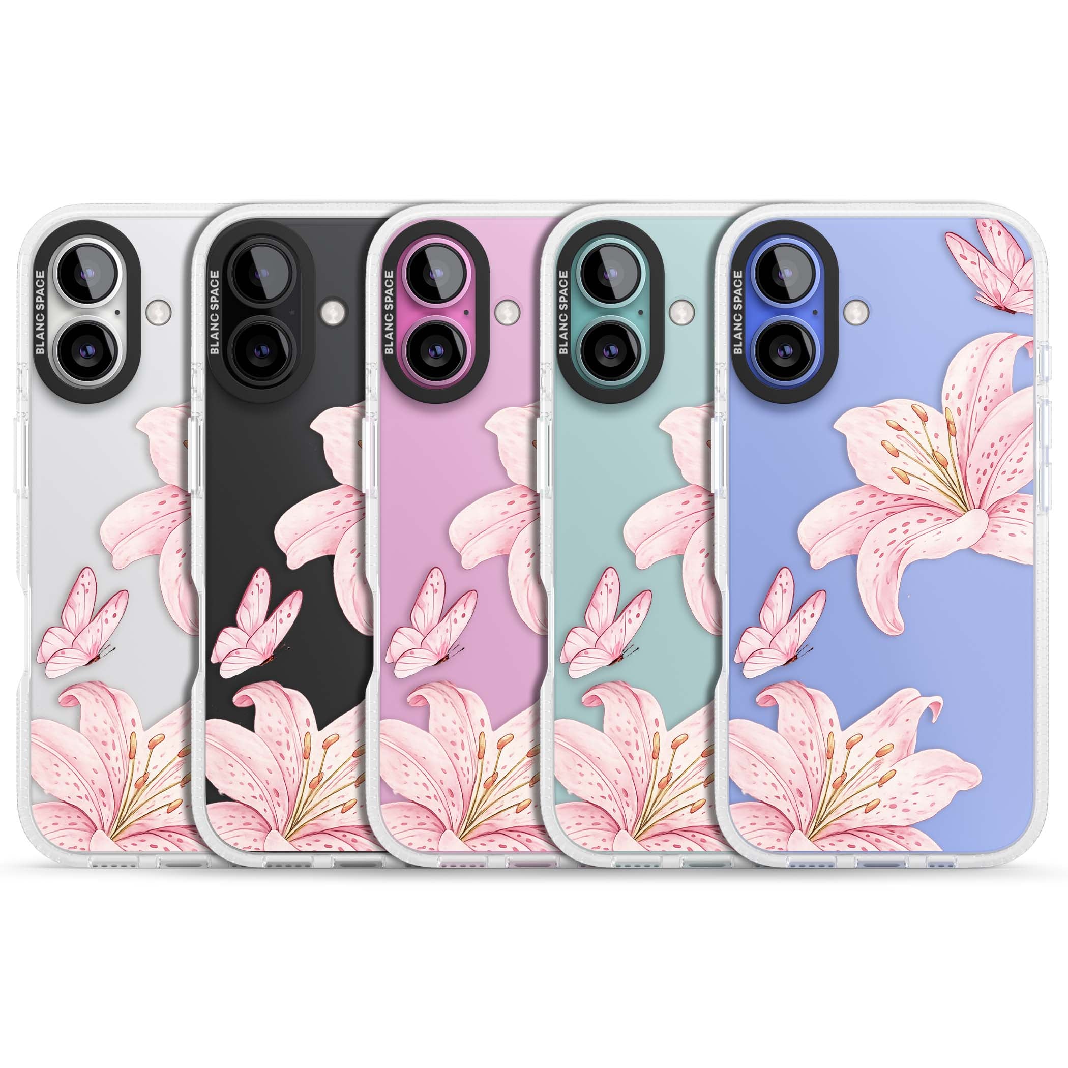 Lily Whisper floral iPhone case featuring pink watercolour lilies and delicate butterflies on a clear background | Clear Case Impact Air case for iPhone 16, iPhone 16 Plus