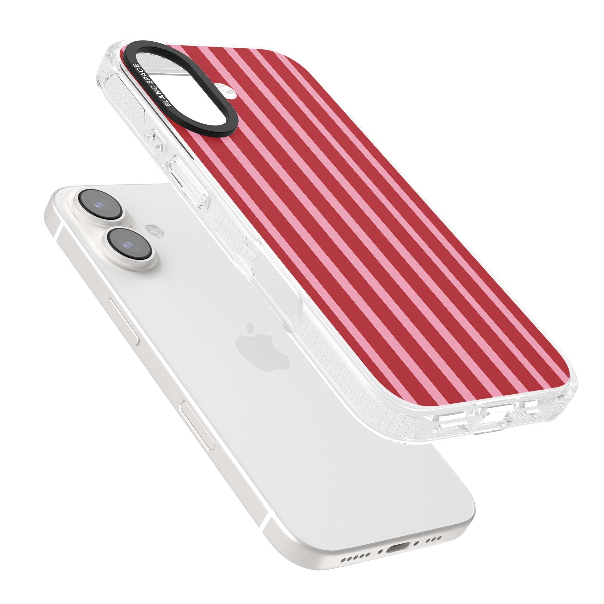Raspberry Stripe coquette iPhone case featuring red and pink vertical stripes in a candy-inspired pattern | Clear Case Impact Air case for iPhone 16, iPhone 16 Plus