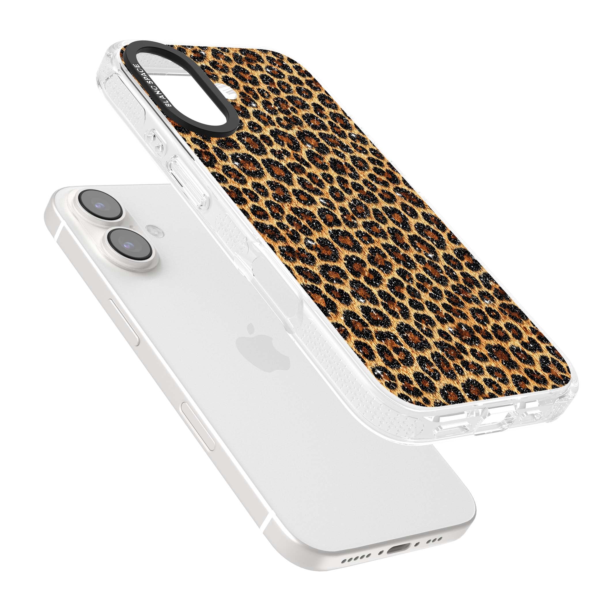 Diamond Leopard leopard print iPhone case featuring golden tan fur, black rosette spots and subtle glitter sparkle | Clear Case Impact Air case for iPhone 16, iPhone 16 Plus