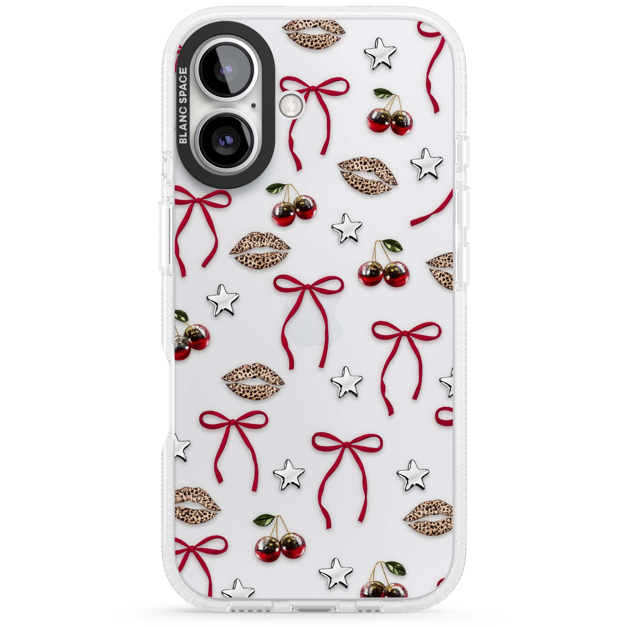 Starlet coquette iPhone case featuring red ribbon bows, disco cherries and leopard-print lips | Clear Case Impact Air case for iPhone 16, iPhone 16 Plus