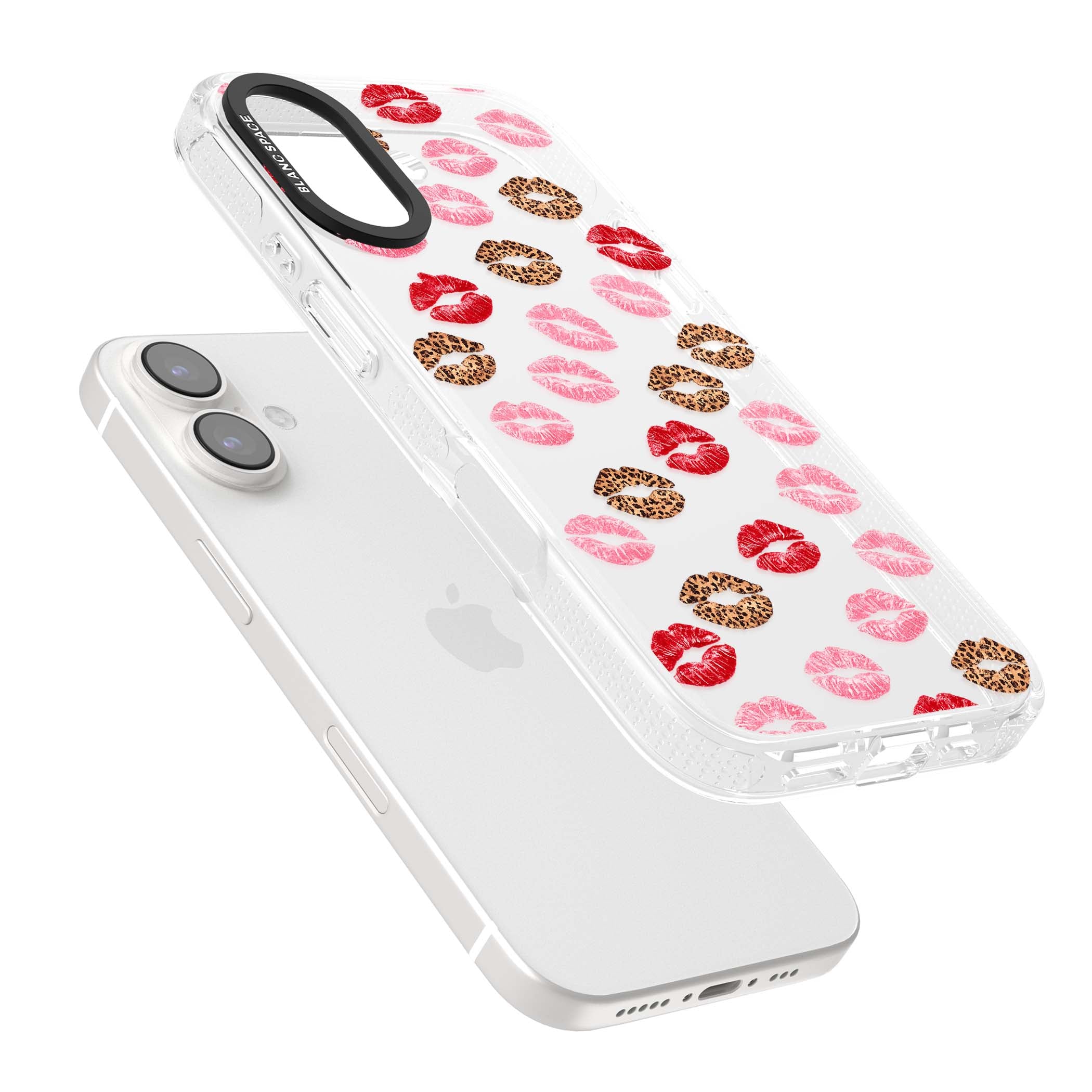 Wild Kisses coquette iPhone case featuring red, pink and leopard print lipstick kiss marks on a clear background | Clear Case Impact Air case for iPhone 16, iPhone 16 Plus