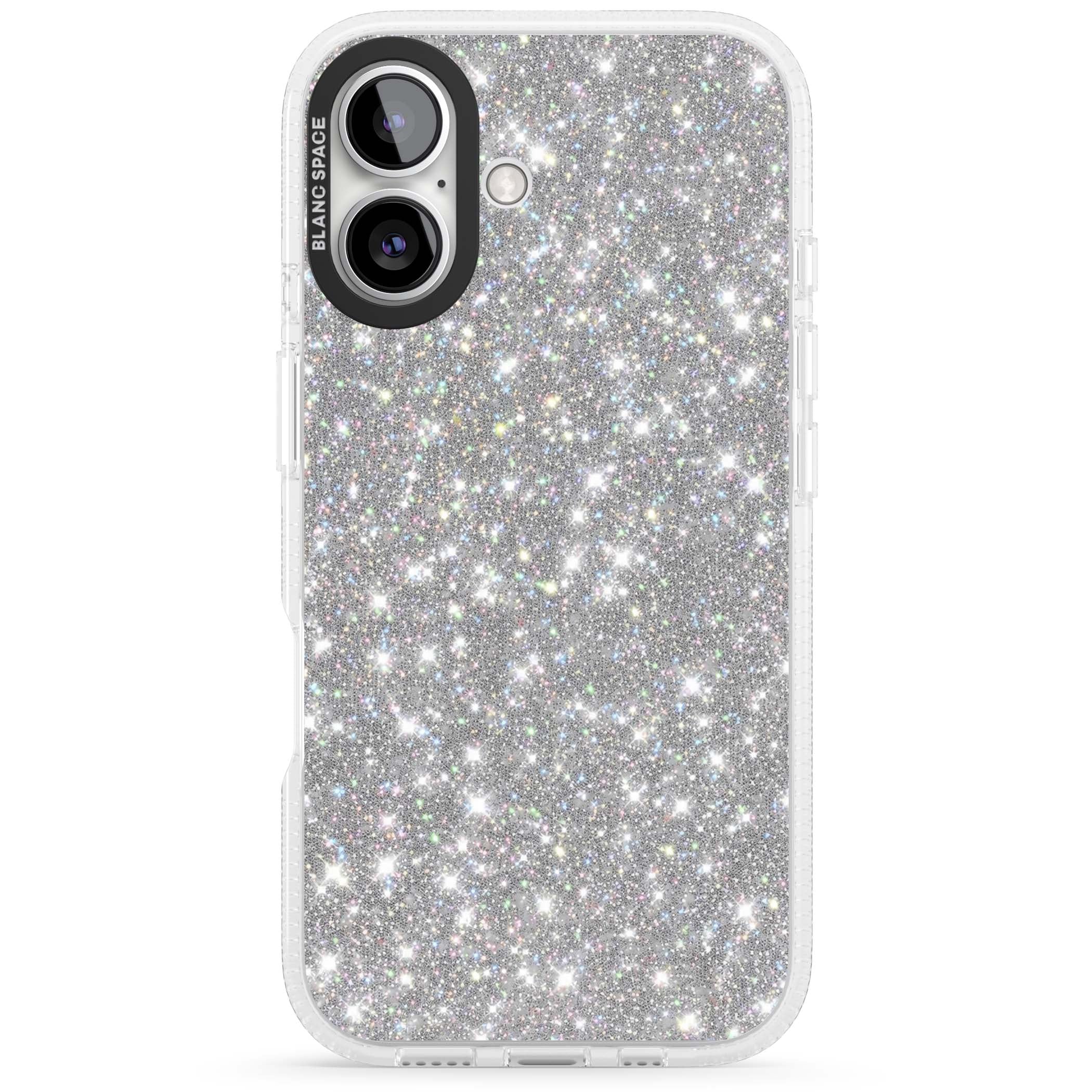 Diamond glam iPhone case featuring silver glitter sparkle and shimmering diamond dust effect | Clear Case Impact Air case for iPhone 16, iPhone 16 Plus