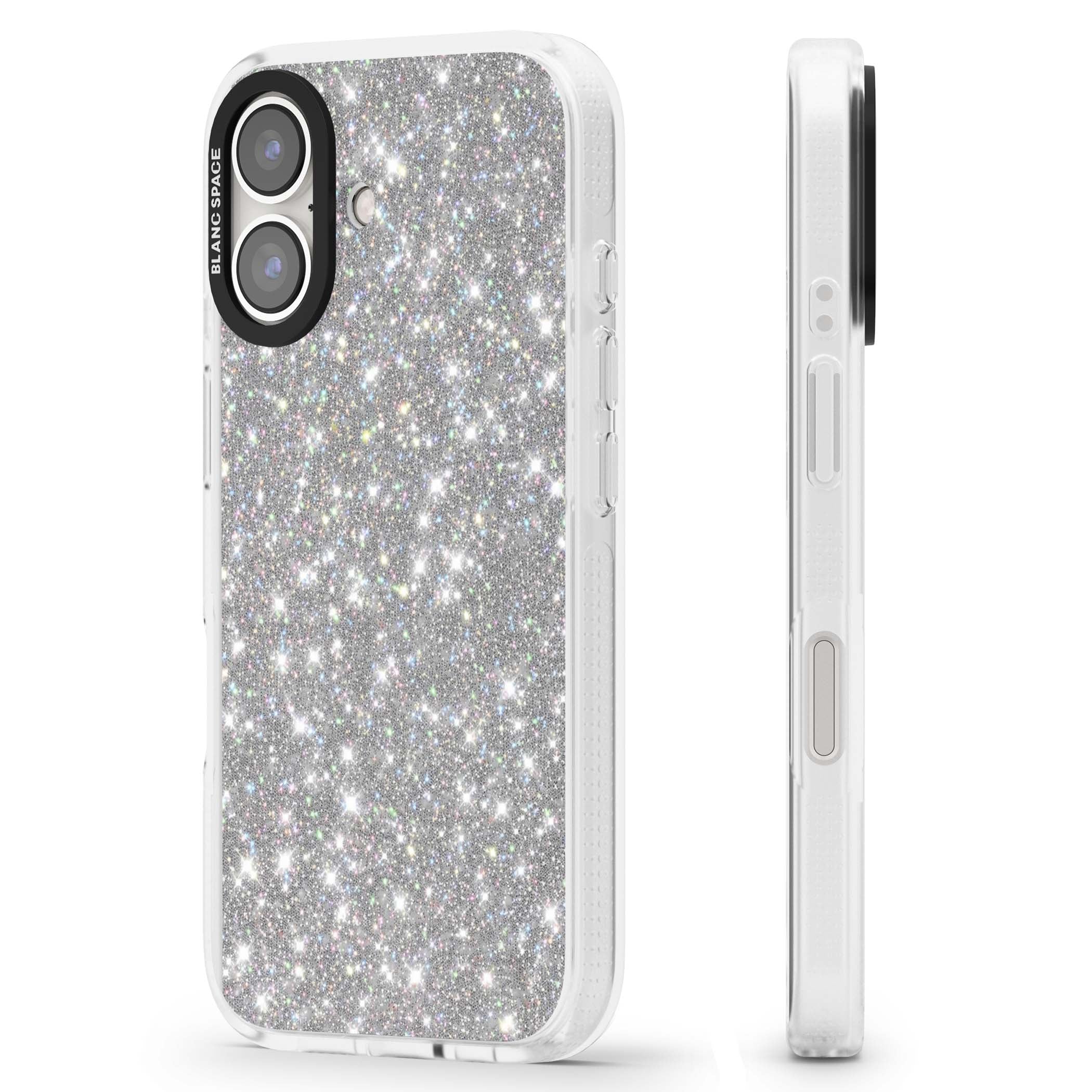 Diamond glam iPhone case featuring silver glitter sparkle and shimmering diamond dust effect | Clear Case Impact Air case for iPhone 16, iPhone 16 Plus