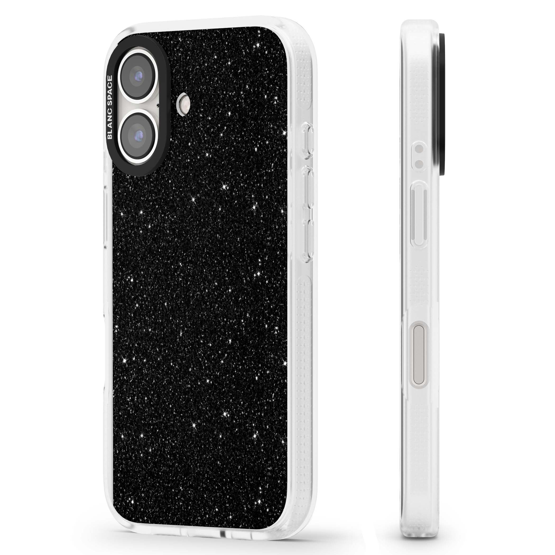 Black Glitter black glitter iPhone case featuring an all-over sparkly shimmer pattern on a jet black base | Clear Case Impact Air case for iPhone 16, iPhone 16 Plus