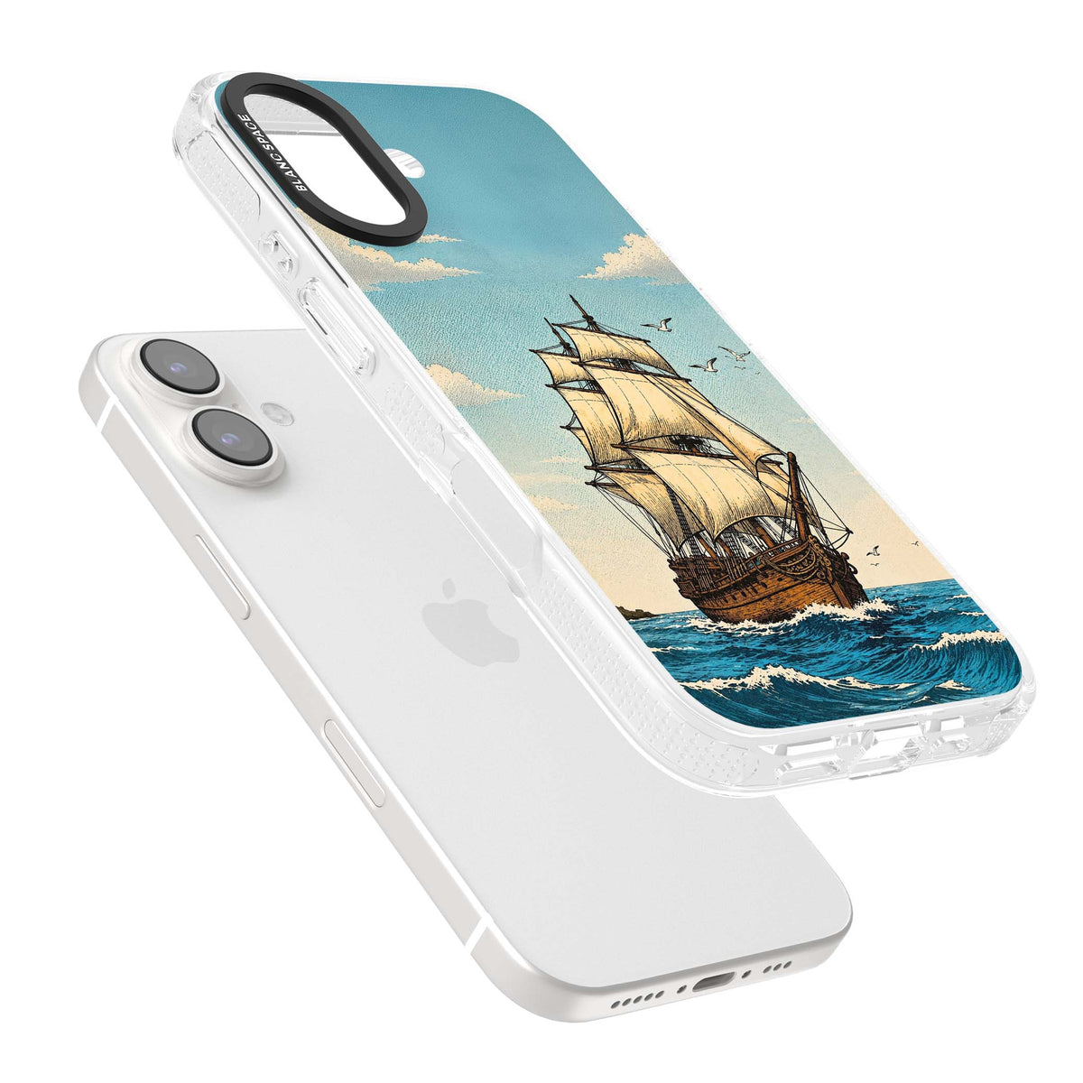 Ship at Sea nautical iPhone case featuring a vintage tall ship, ocean waves and seagulls | Clear Case Impact Air case for iPhone 16, iPhone 16 Plus