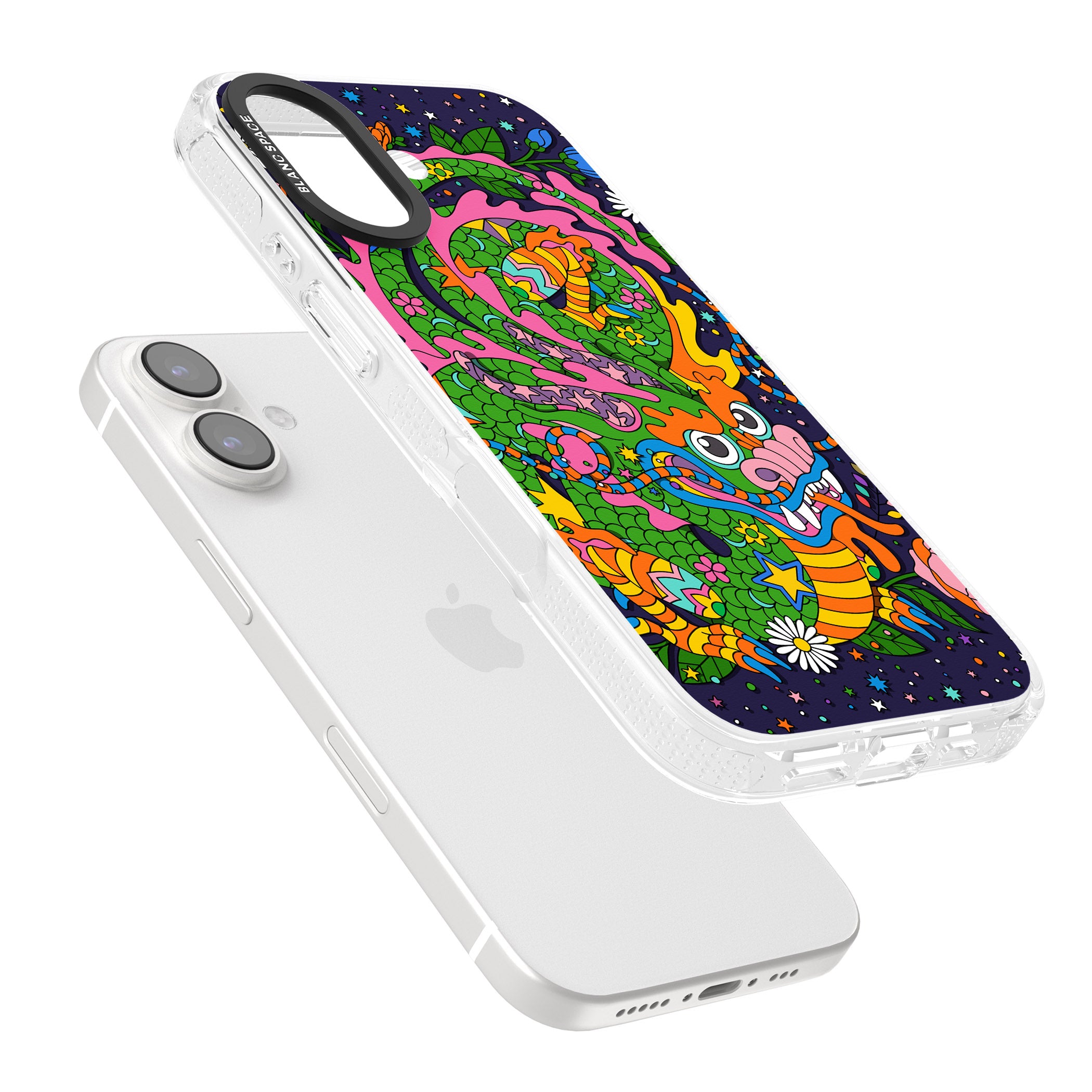Psychedelic Jungle Dragon (Purple) iPhone 16 / 16 Plus Clear Case Impact Air - Blanc Space