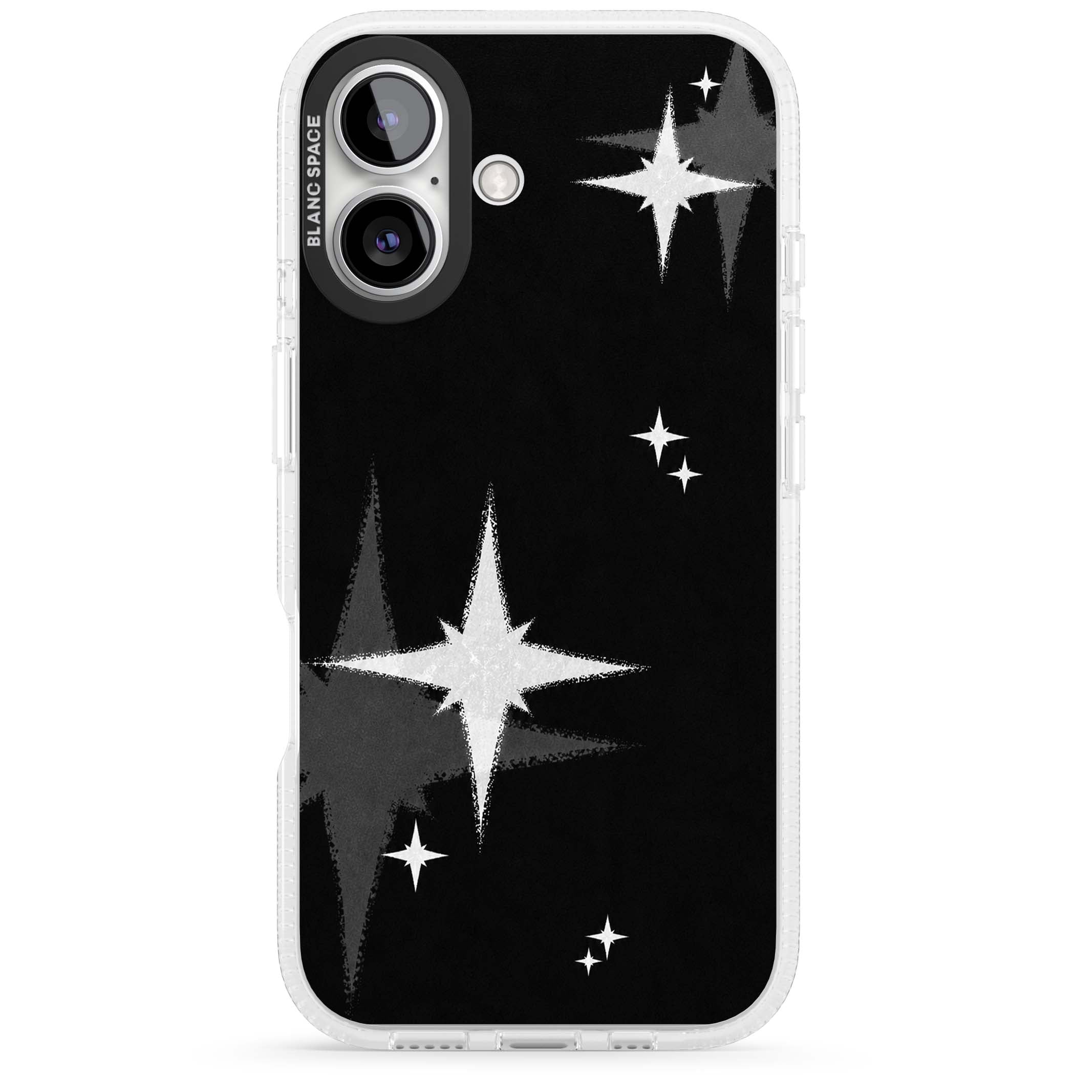 Black Sparkle celestial iPhone case featuring white sparkle stars on a black night sky background | Clear Case Impact Air case for iPhone 16, iPhone 16 Plus