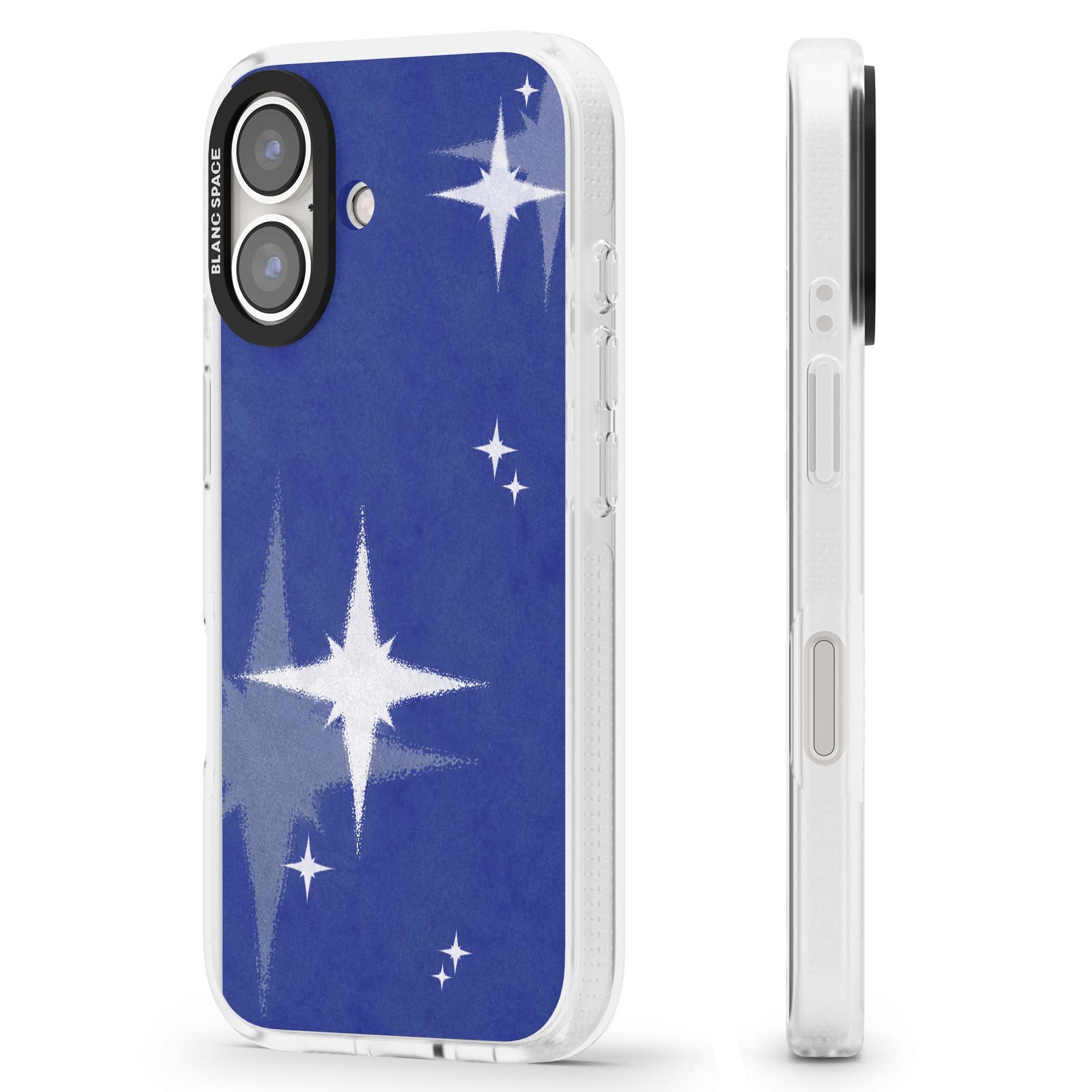 Blue Sparkle celestial iPhone case featuring sparkling silver stars on a deep blue painterly night sky | Clear Case Impact Air case for iPhone 16, iPhone 16 Plus