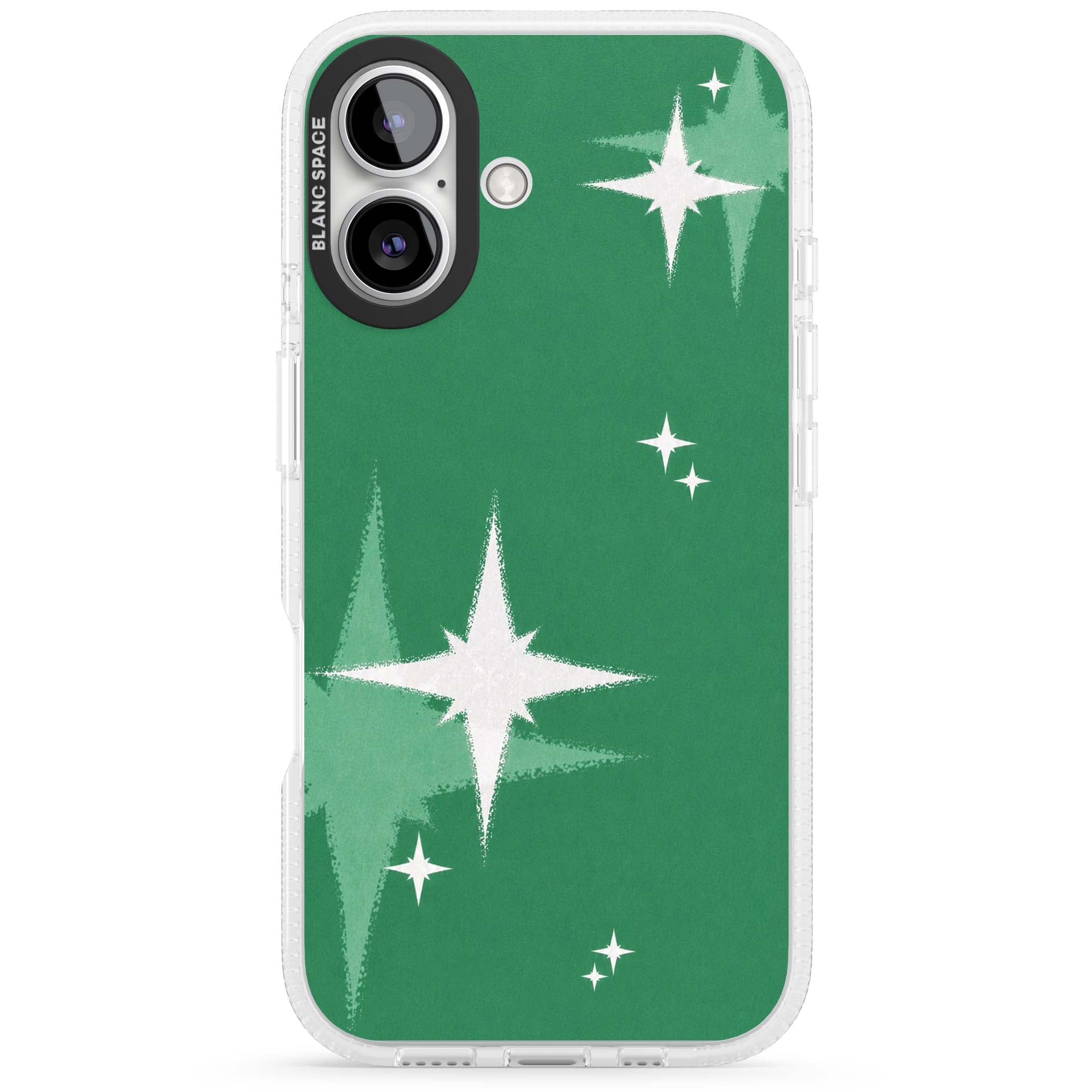 Green Sparkle celestial iPhone case featuring sparkling white four-point stars on a deep green background | Clear Case Impact Air case for iPhone 16, iPhone 16 Plus